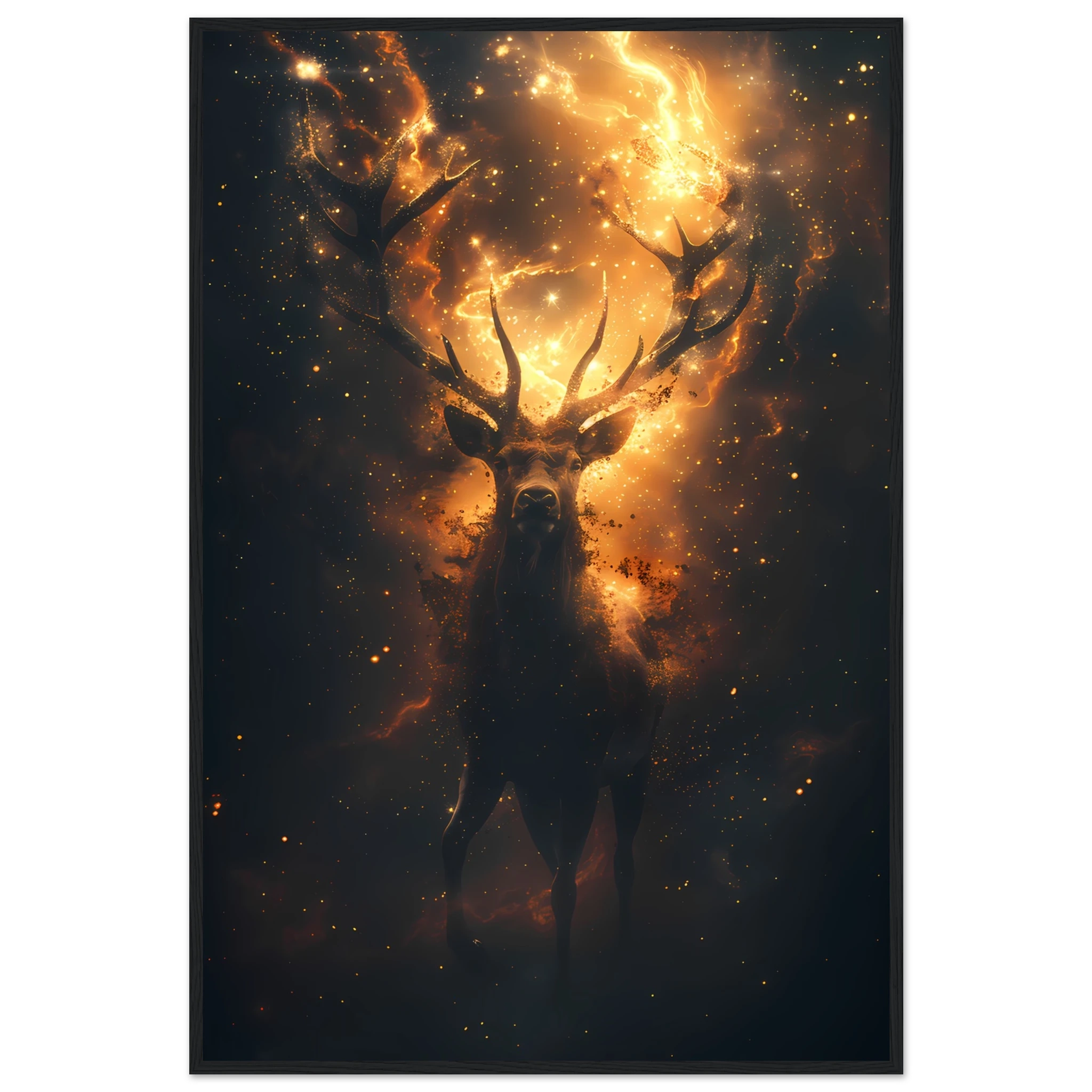 Cosmic deer portrait with constellation antlers and radiant starlight — premium fantasy wall print for modern homes.
