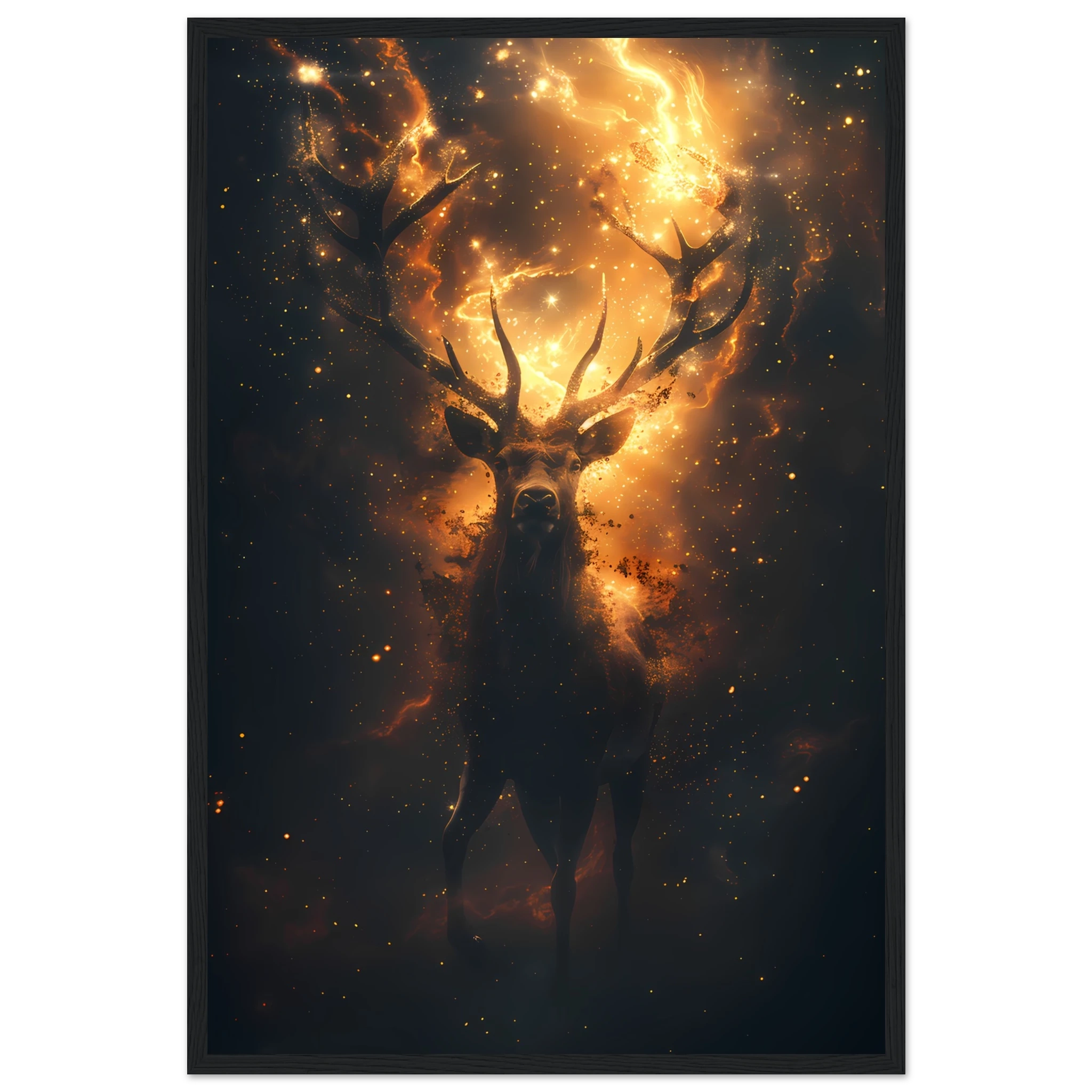 Cosmic deer portrait with constellation antlers and radiant starlight — premium fantasy wall print for modern homes.