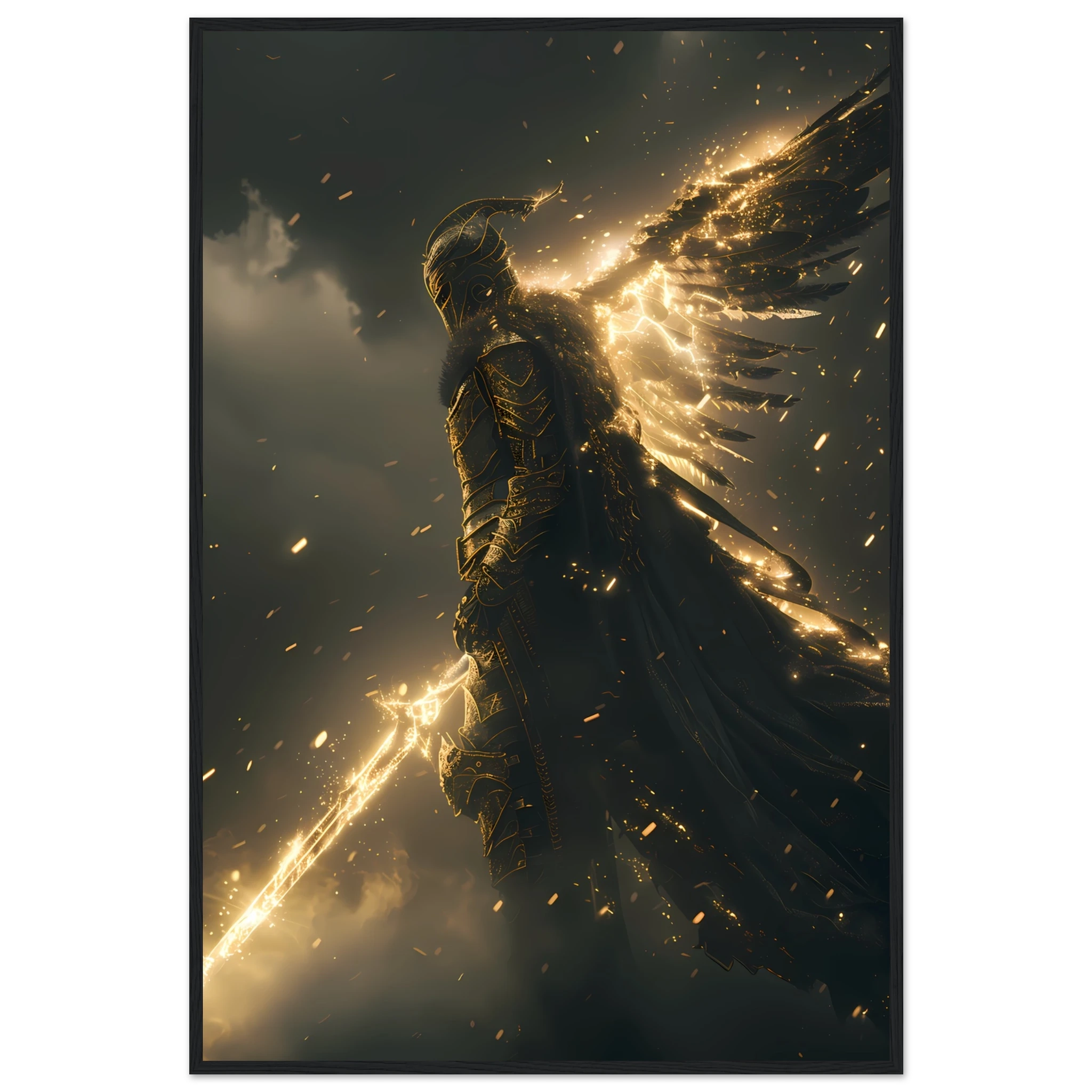 Valkyrie warrior in radiant armour descending from glowing sky — Nordic myth wall art.