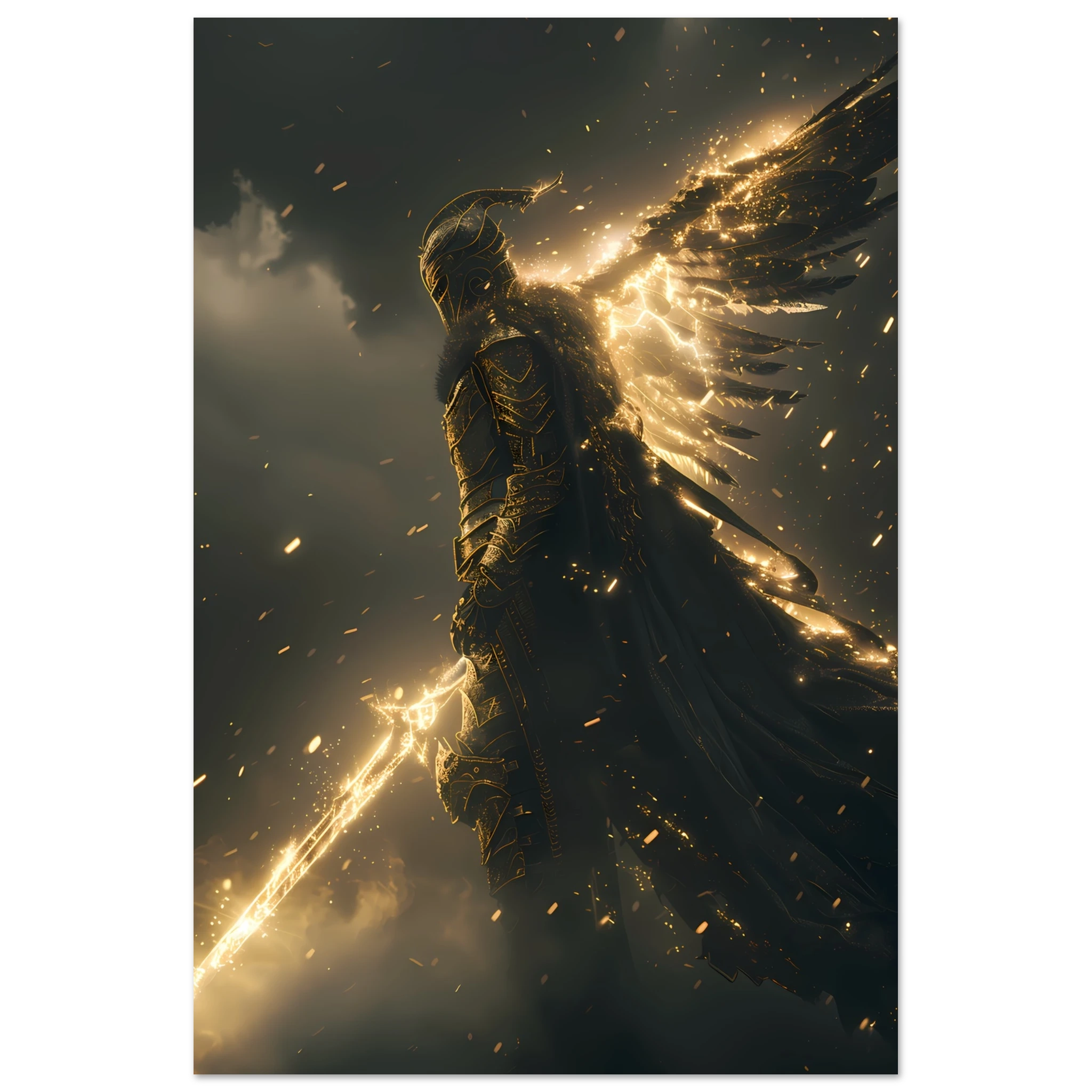 Valkyrie warrior in radiant armour descending from glowing sky — Nordic myth wall art.