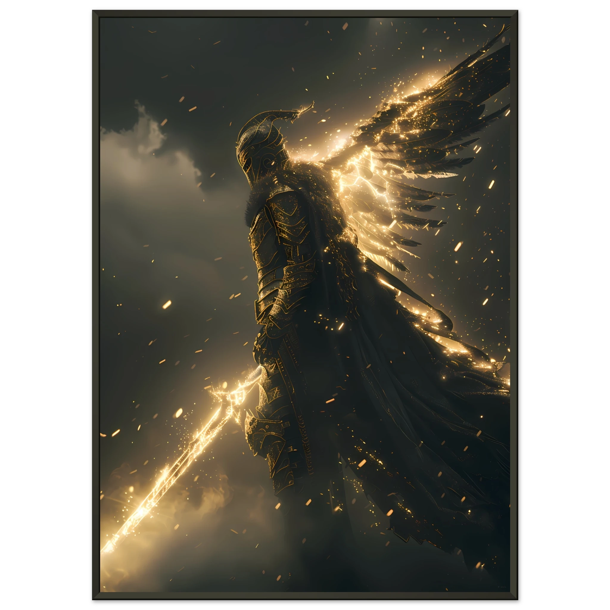 Valkyrie warrior in radiant armour descending from glowing sky — Nordic myth wall art.