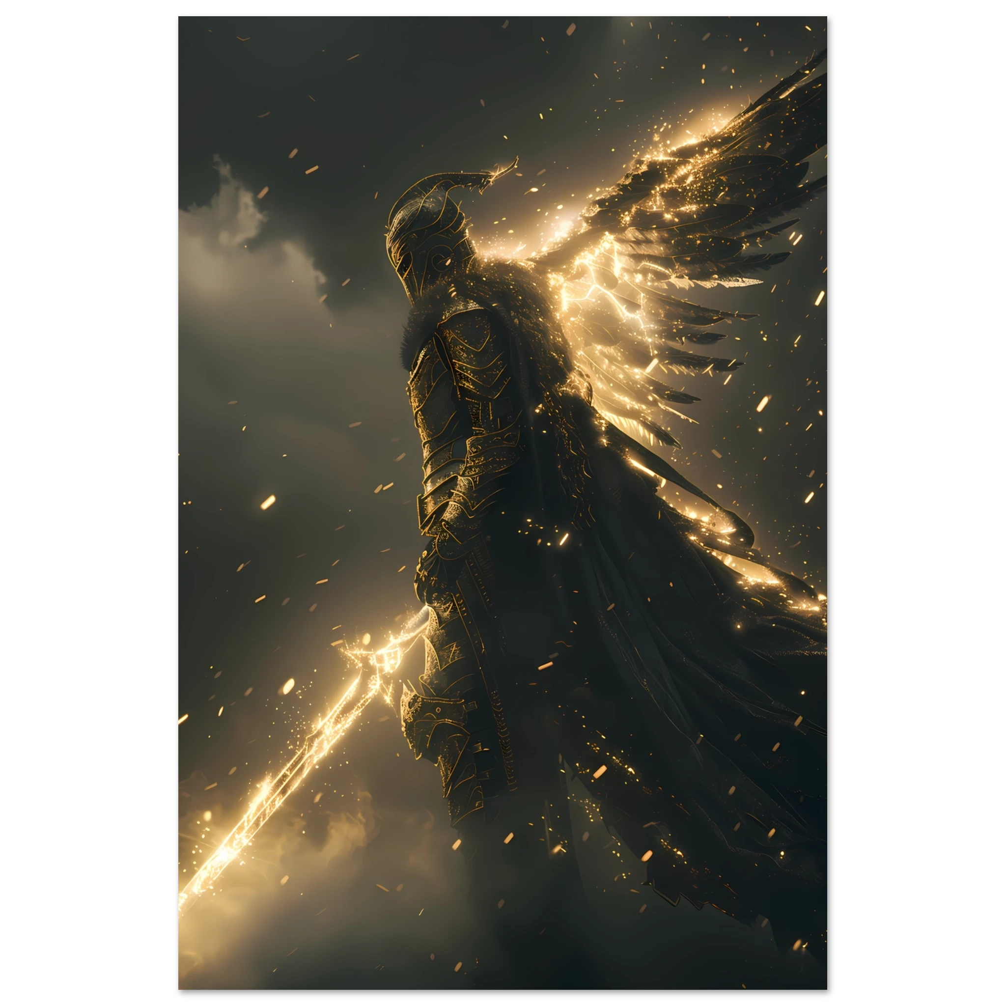 Valkyrie warrior in radiant armour descending from glowing sky — Nordic myth wall art.