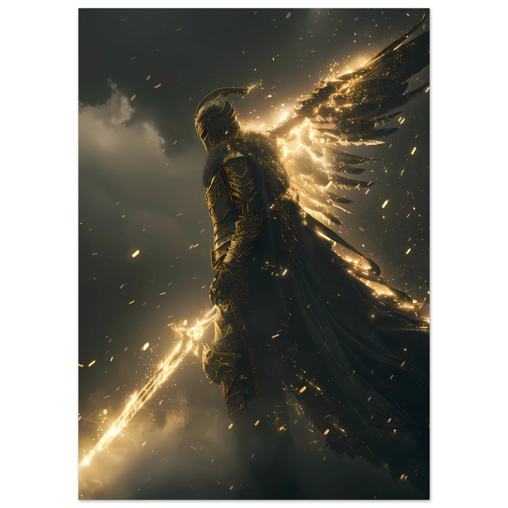 Valkyrie warrior in radiant armour descending from glowing sky — Nordic myth wall art.