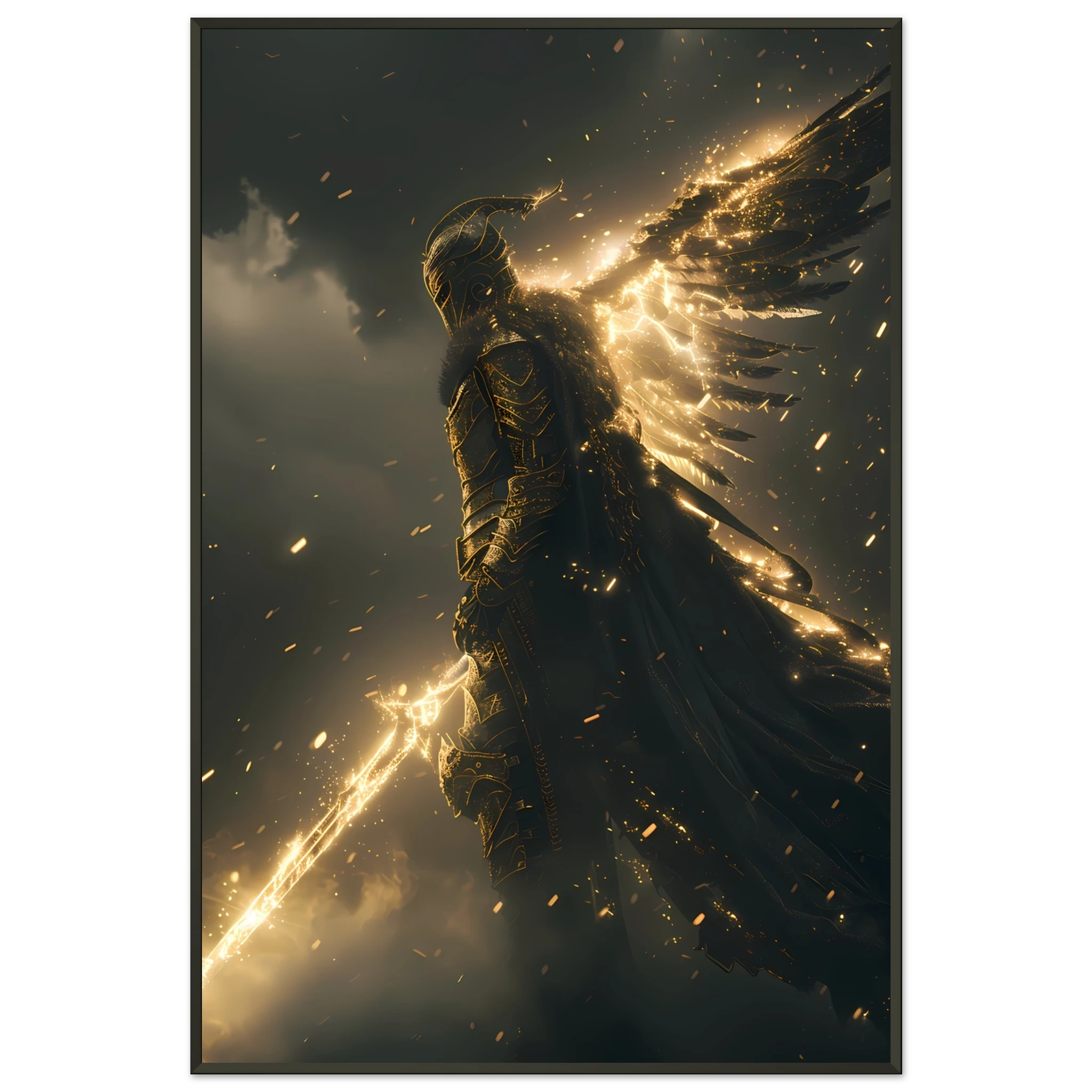 Valkyrie warrior in radiant armour descending from glowing sky — Nordic myth wall art.