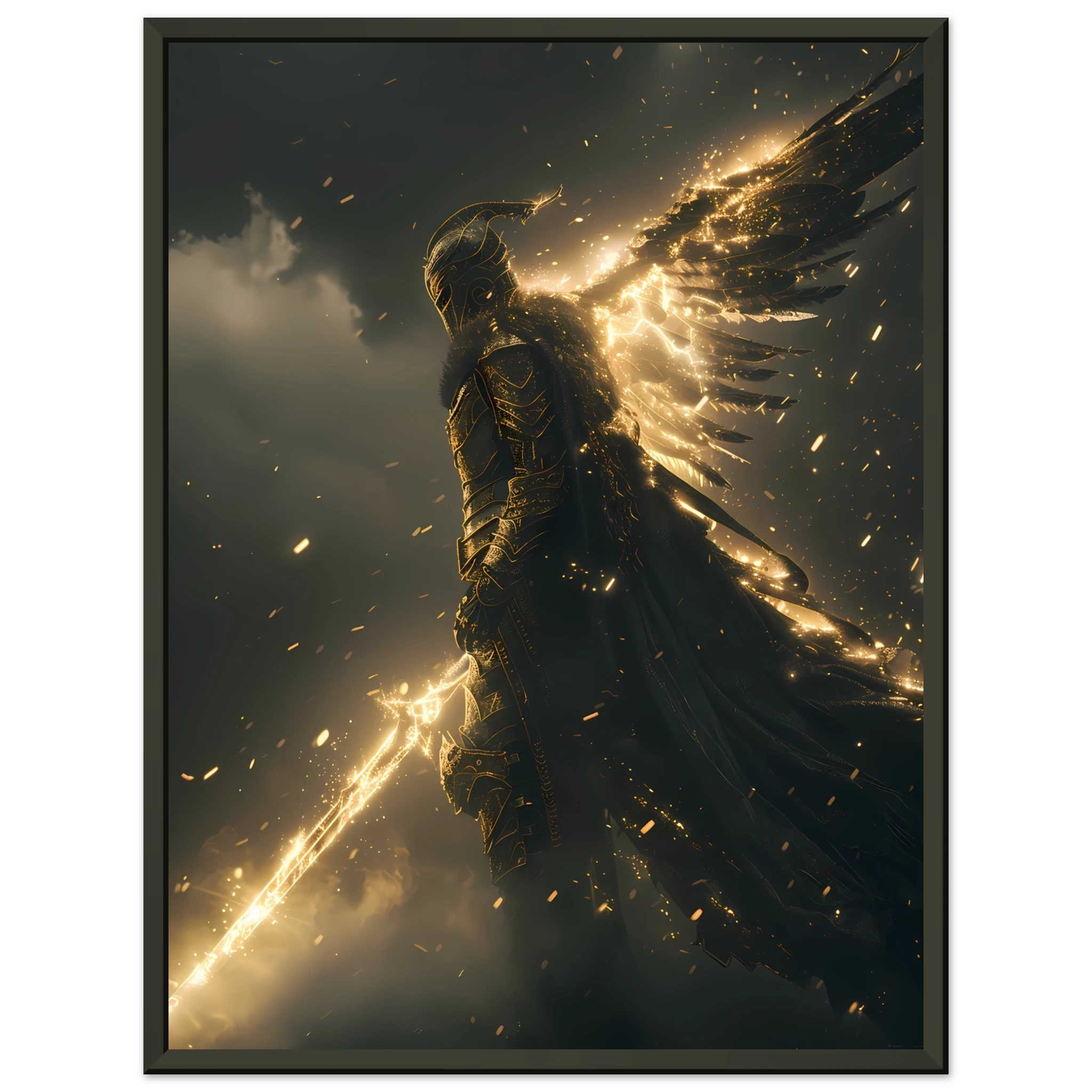 Valkyrie warrior in radiant armour descending from glowing sky — Nordic myth wall art.