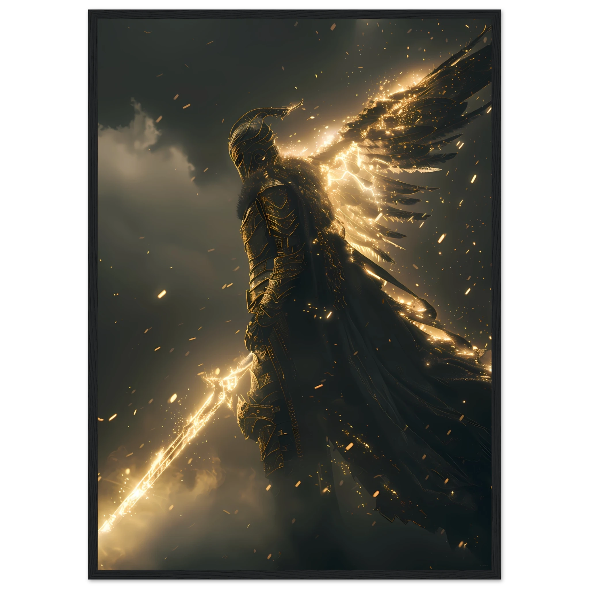 Valkyrie warrior in radiant armour descending from glowing sky — Nordic myth wall art.