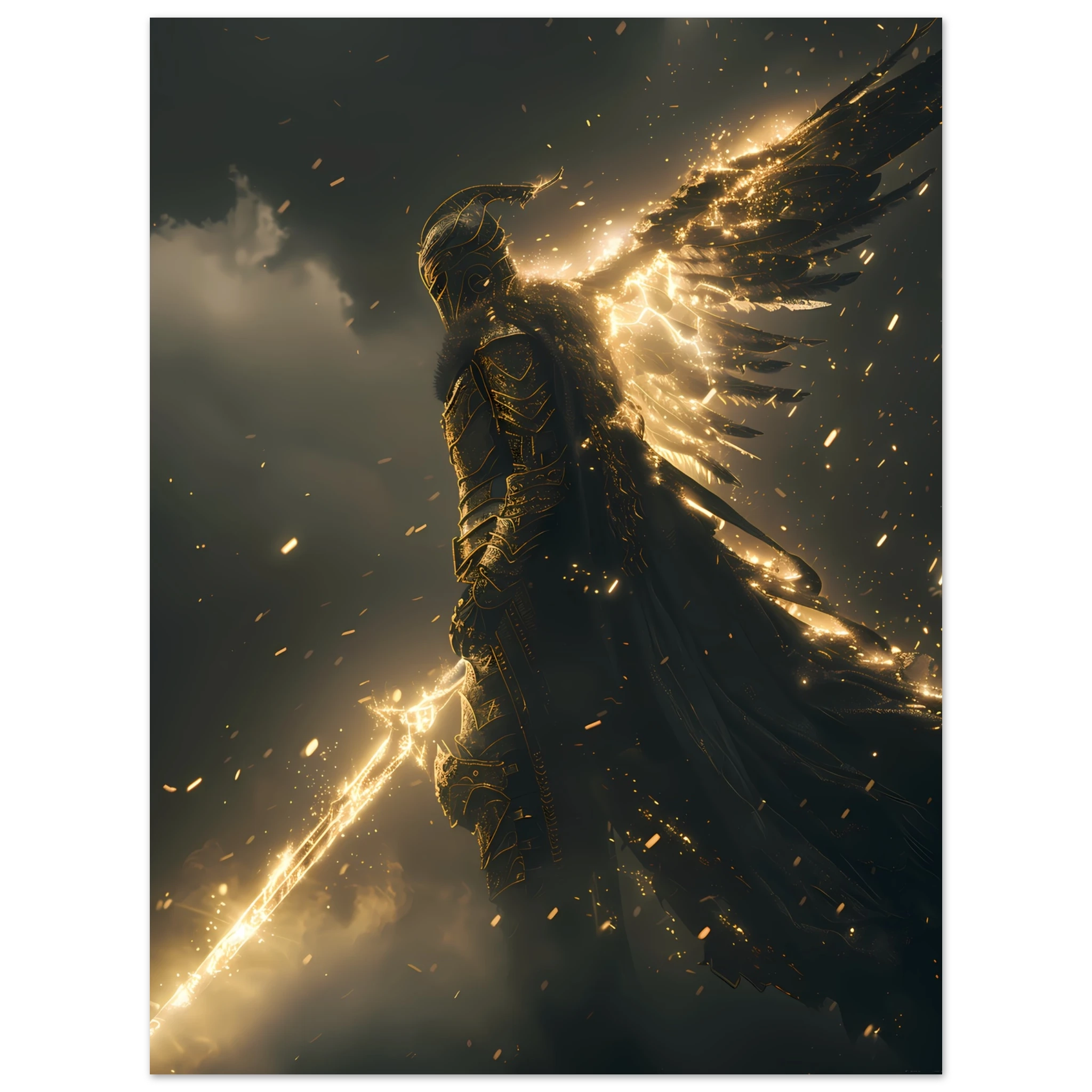 Valkyrie warrior in radiant armour descending from glowing sky — Nordic myth wall art.