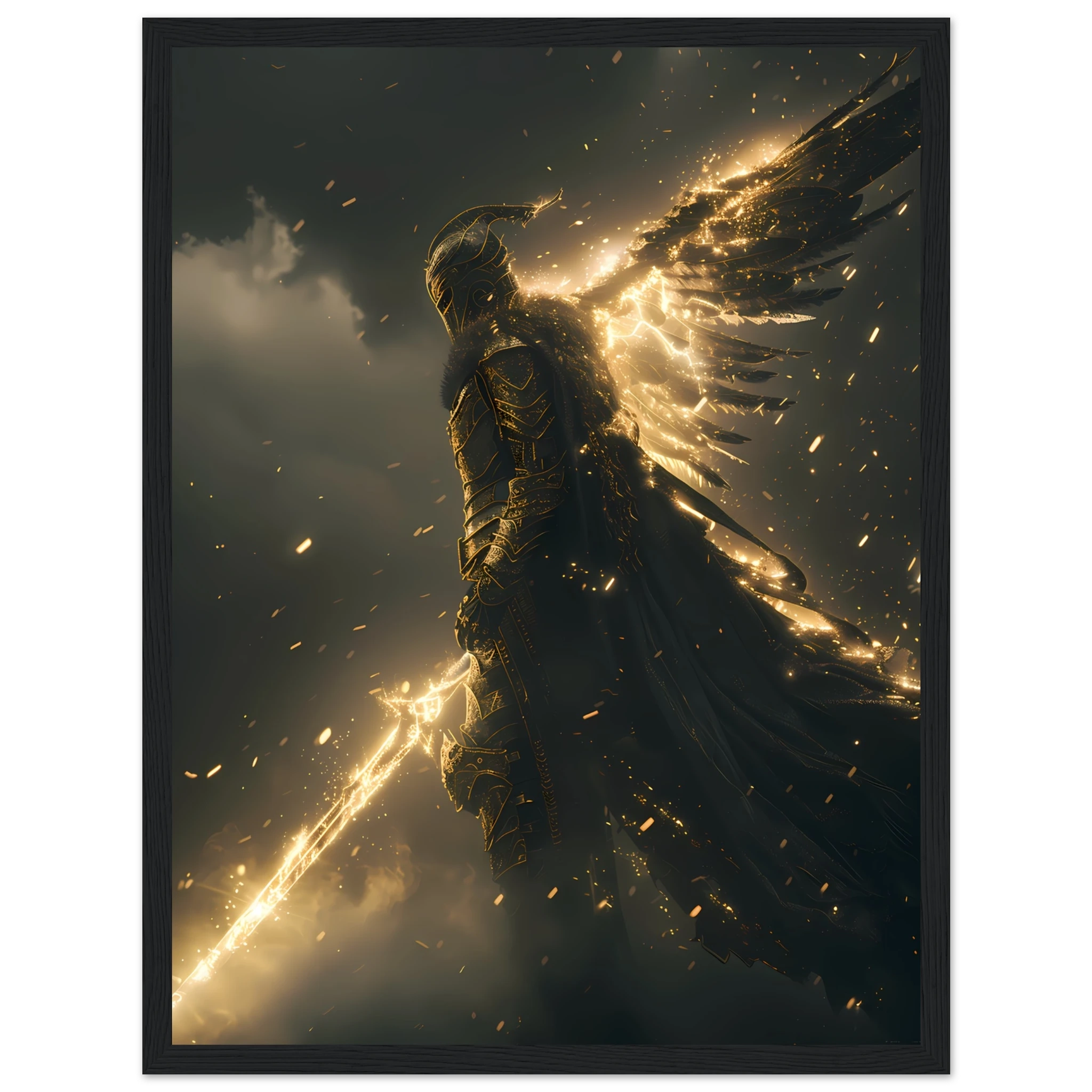 Valkyrie warrior in radiant armour descending from glowing sky — Nordic myth wall art.