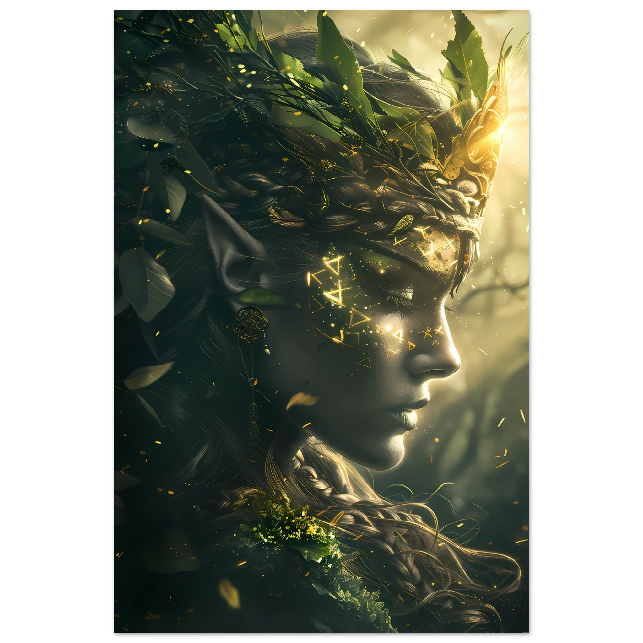 Celtic goddess with forest crown glowing with runes — mystical mythology fantasy print.