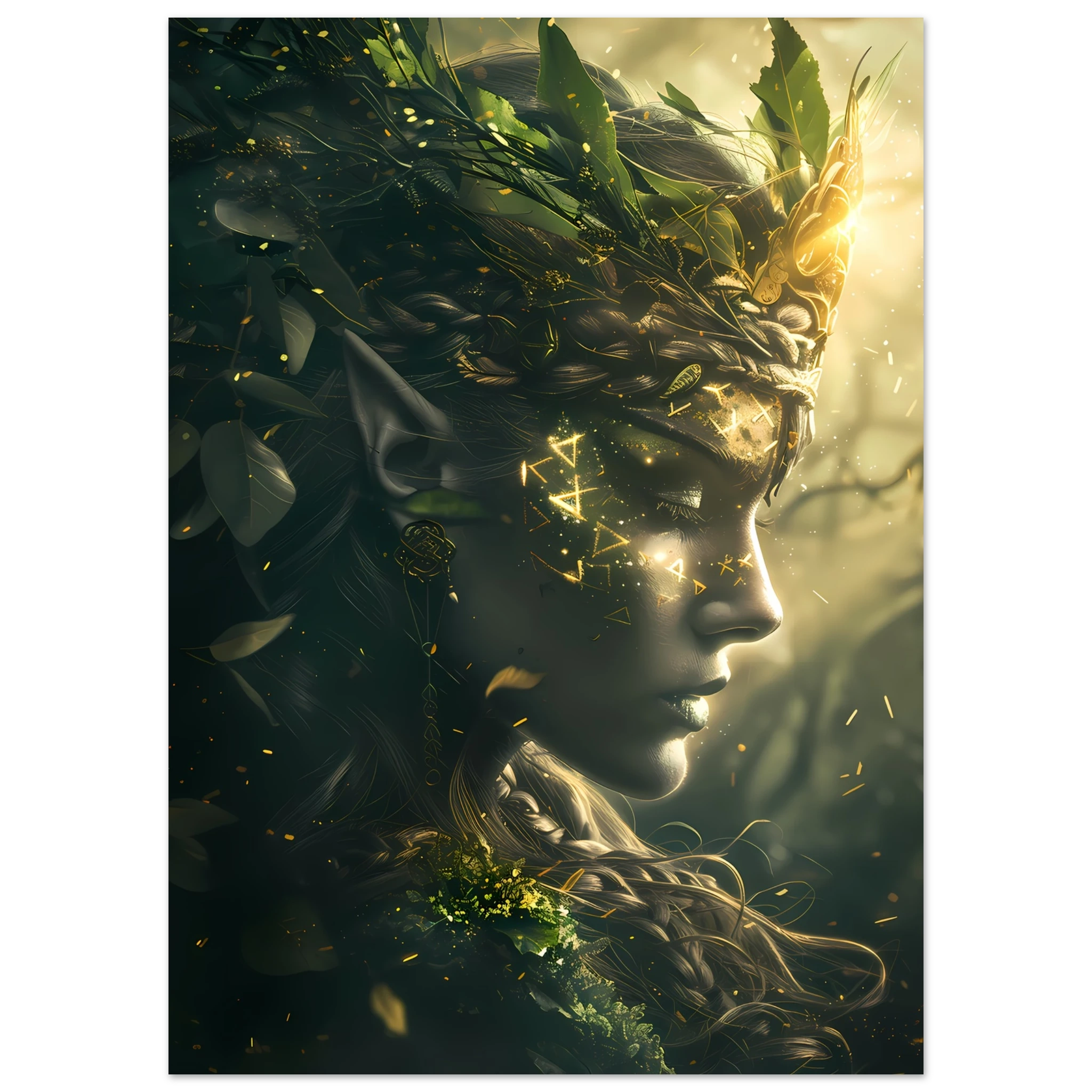 Celtic goddess with forest crown glowing with runes — mystical mythology fantasy print.