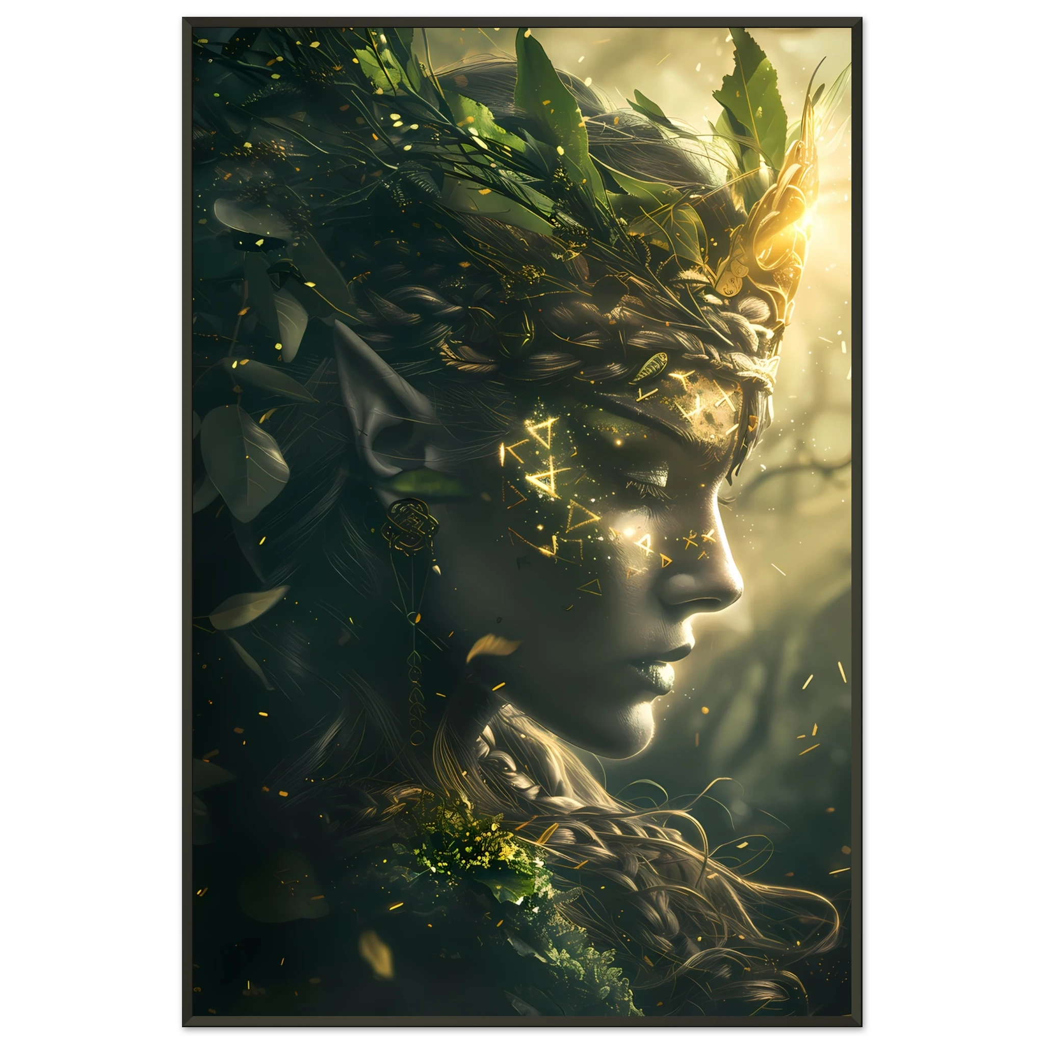 Celtic goddess with forest crown glowing with runes — mystical mythology fantasy print.