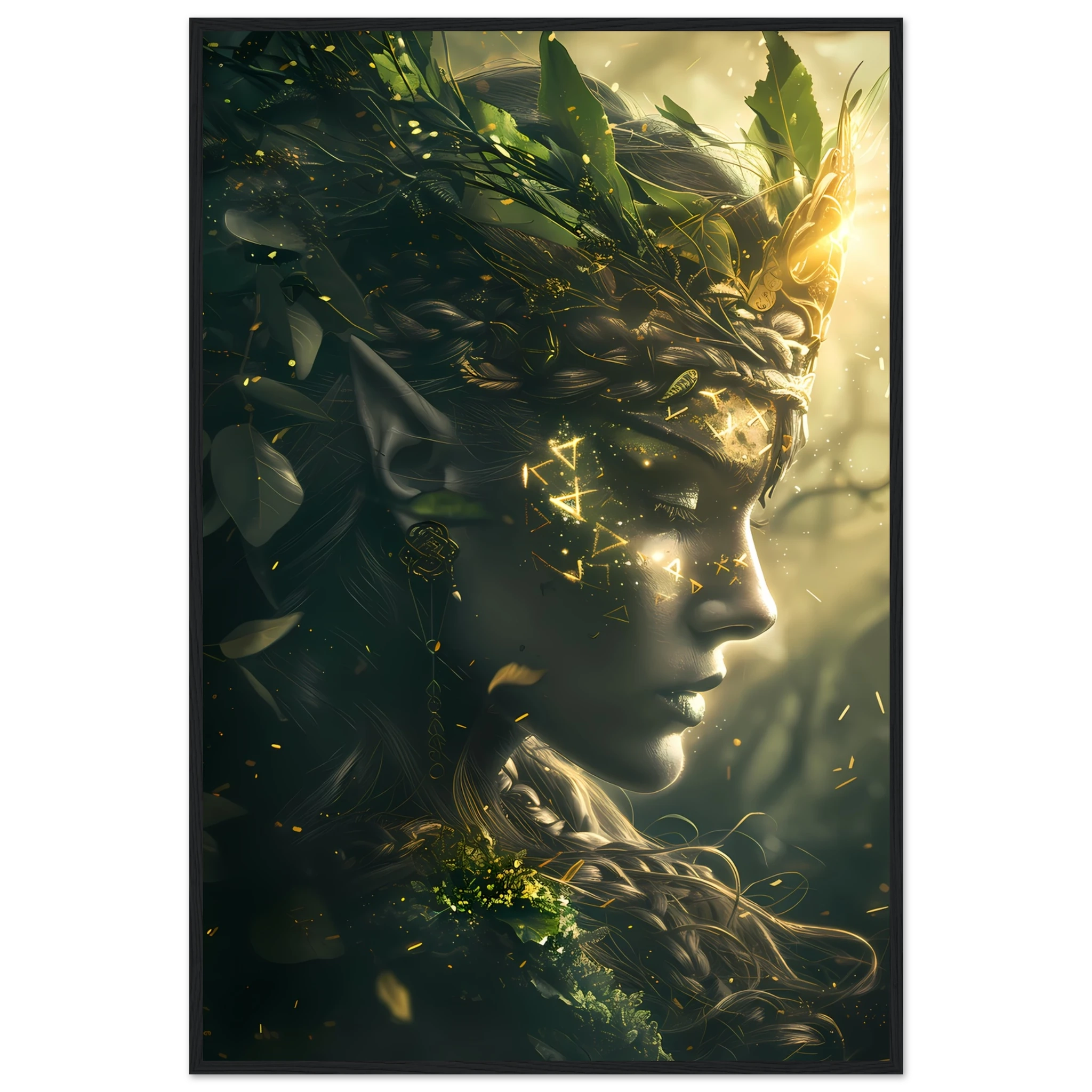 Celtic goddess with forest crown glowing with runes — mystical mythology fantasy print.