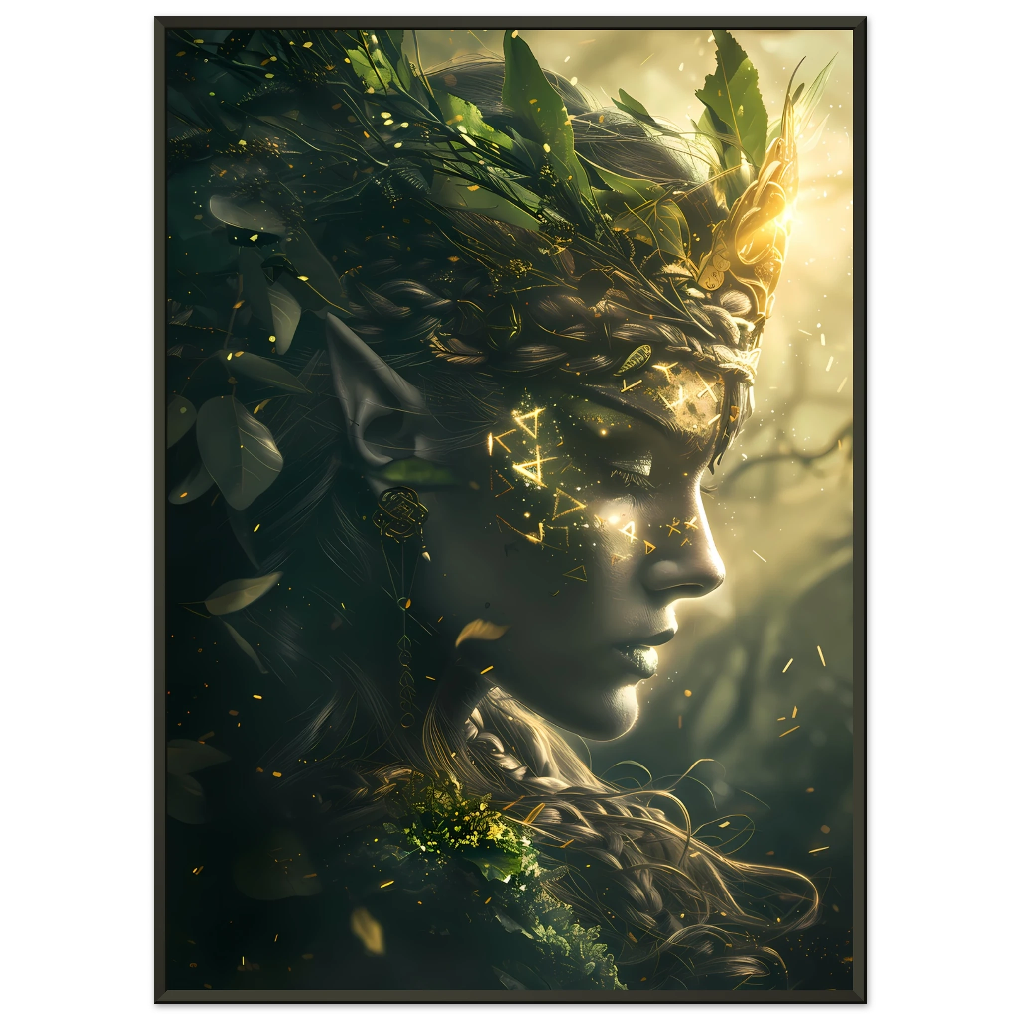 Celtic goddess with forest crown glowing with runes — mystical mythology fantasy print.
