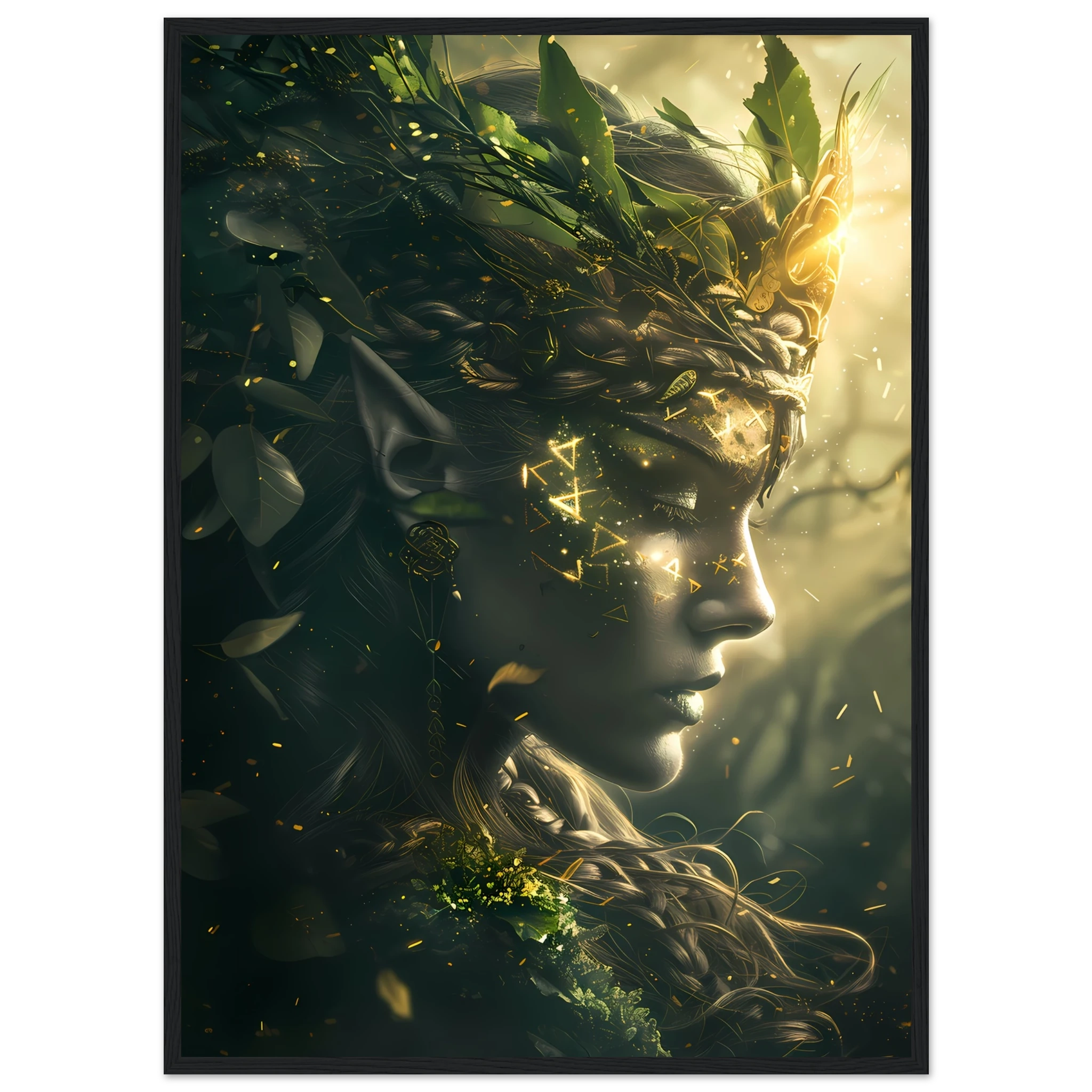 Celtic goddess with forest crown glowing with runes — mystical mythology fantasy print.