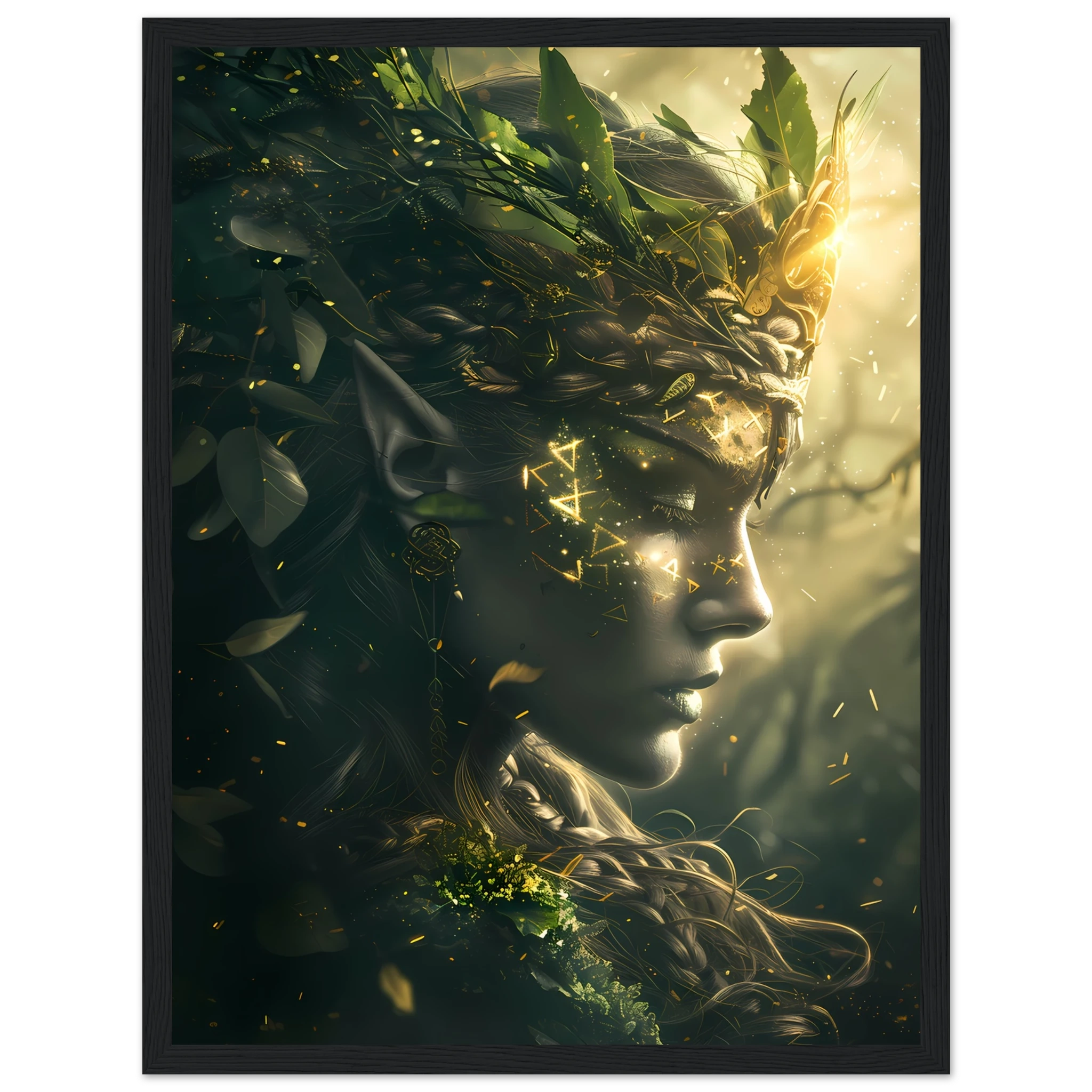 Celtic goddess with forest crown glowing with runes — mystical mythology fantasy print.