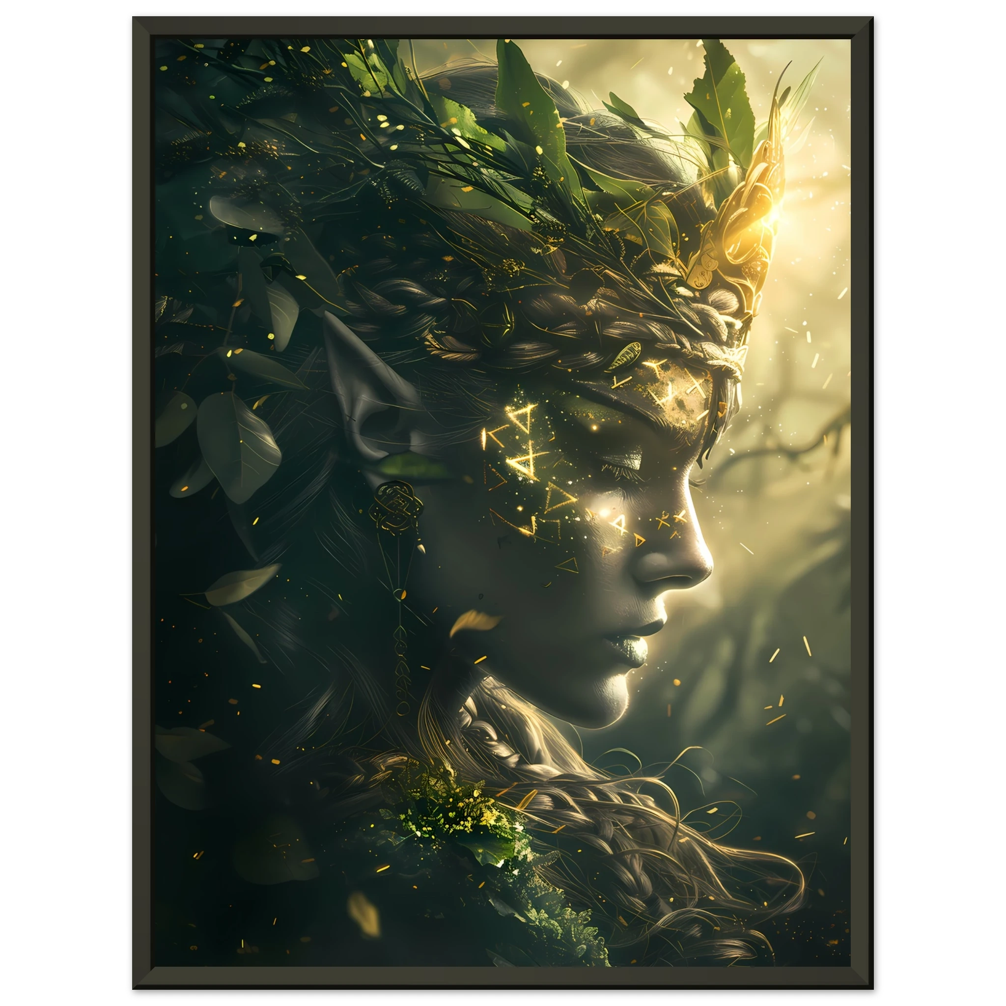 Celtic goddess with forest crown glowing with runes — mystical mythology fantasy print.