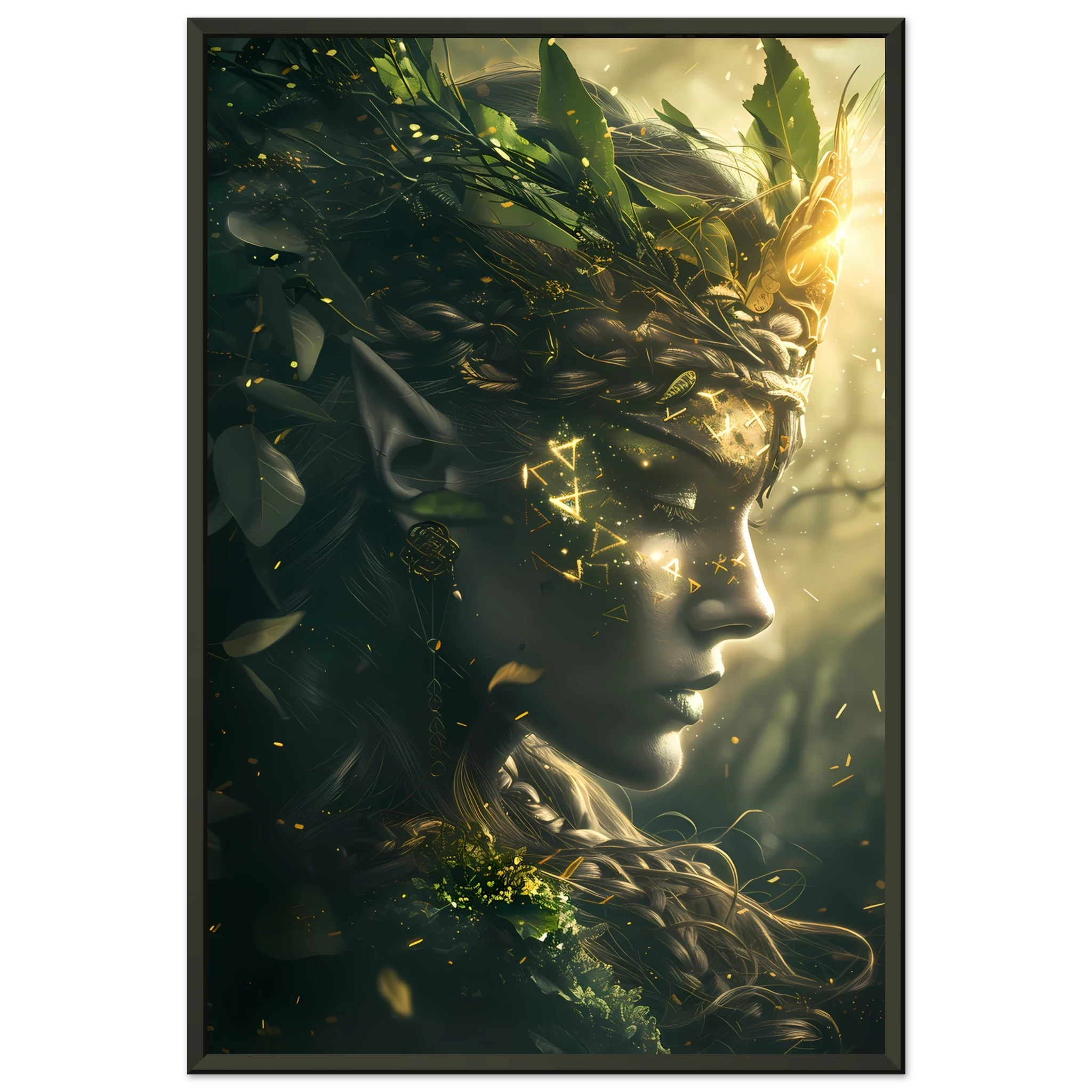 Celtic goddess with forest crown glowing with runes — mystical mythology fantasy print.