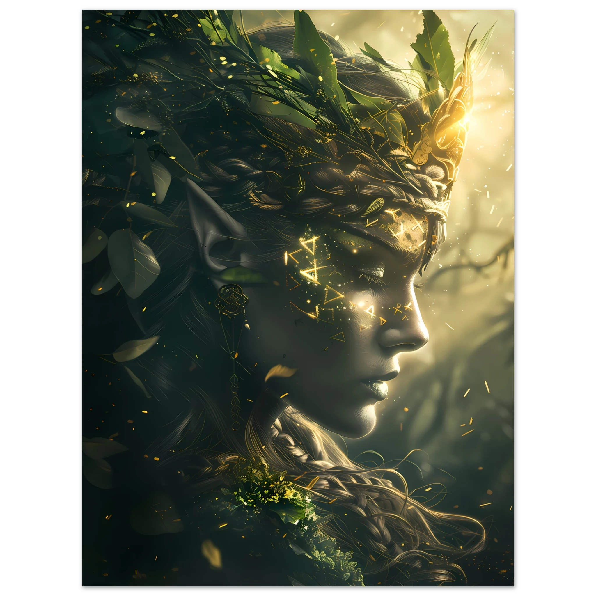 Celtic goddess with forest crown glowing with runes — mystical mythology fantasy print.