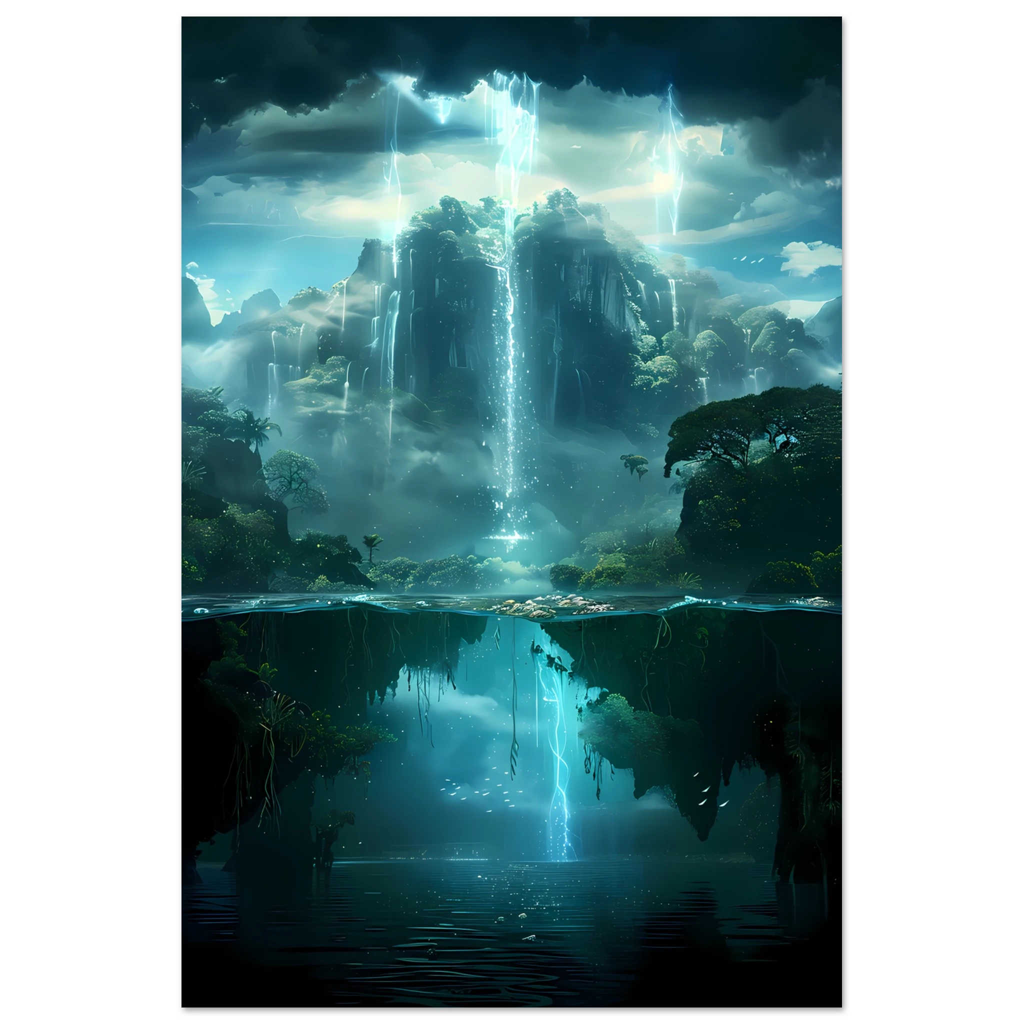 Coral reef resembling glowing forest — surreal underwater botanical art print.