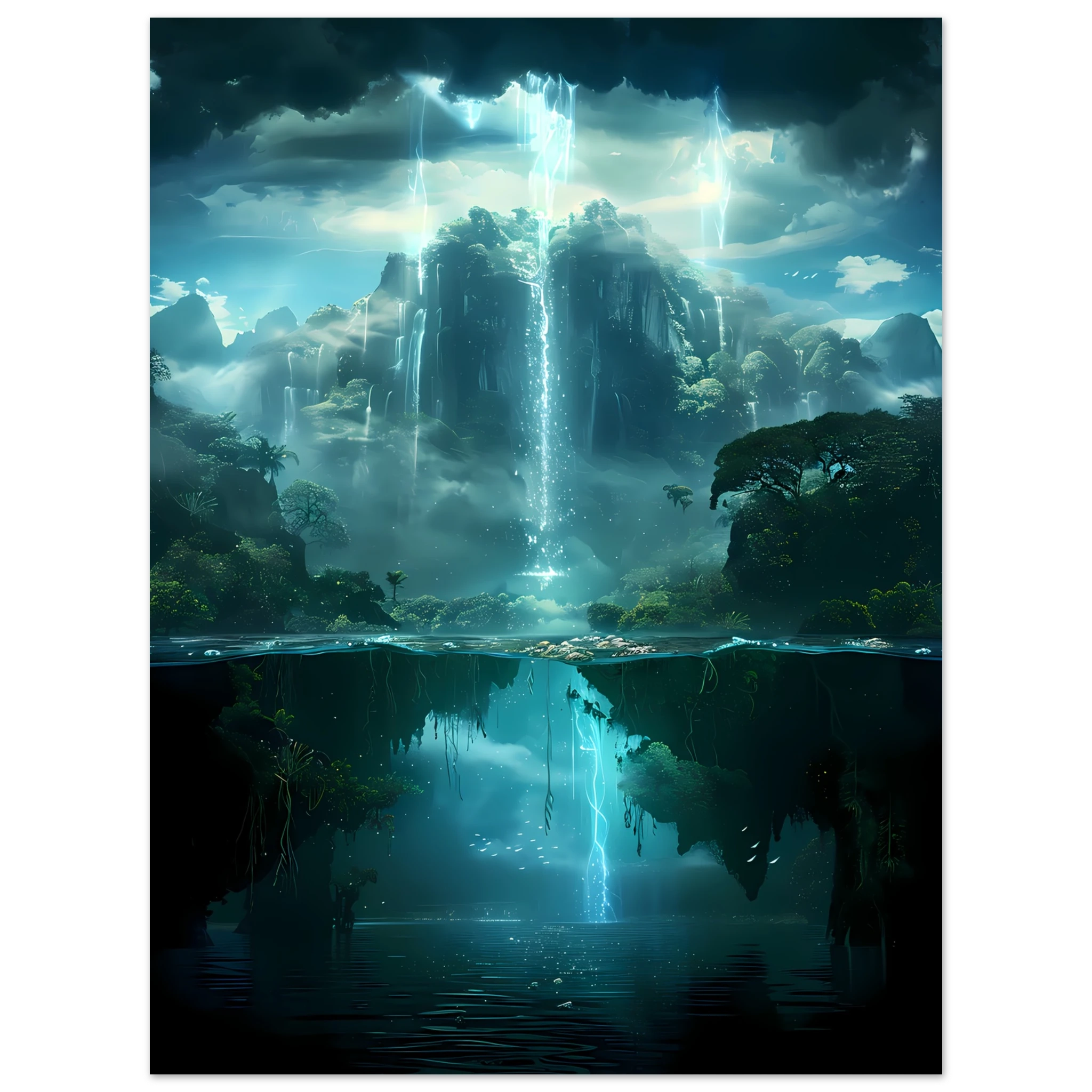 Coral reef resembling glowing forest — surreal underwater botanical art print.