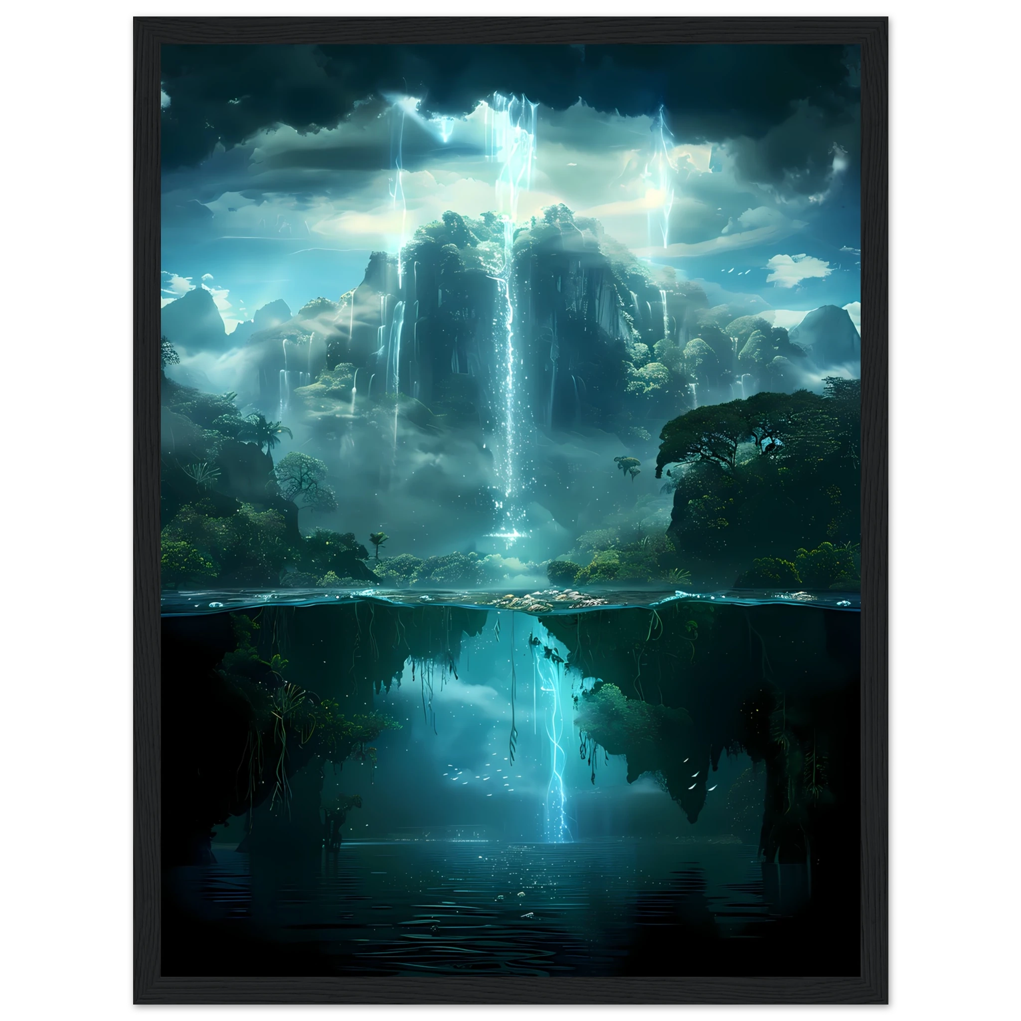 Coral reef resembling glowing forest — surreal underwater botanical art print.