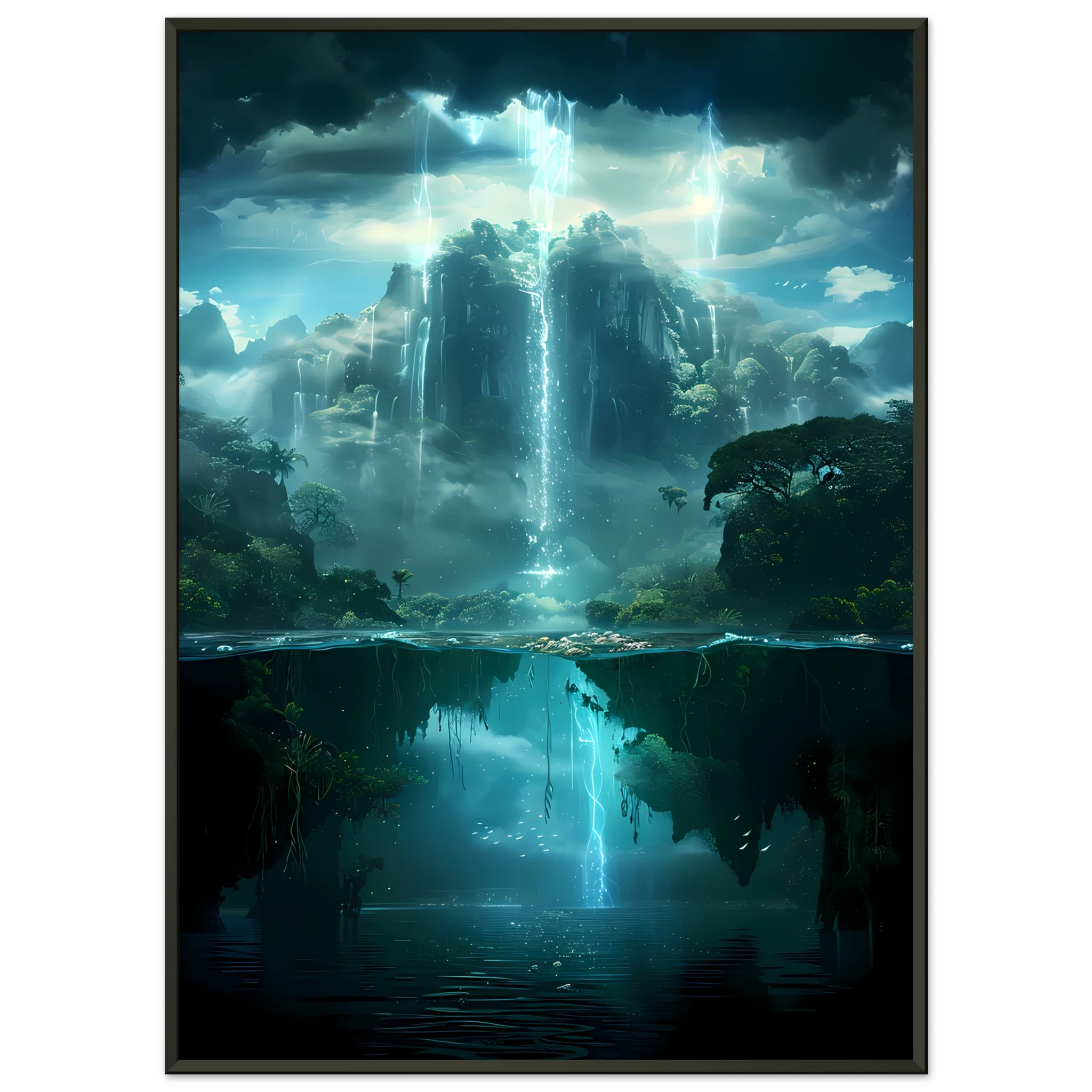 Coral reef resembling glowing forest — surreal underwater botanical art print.