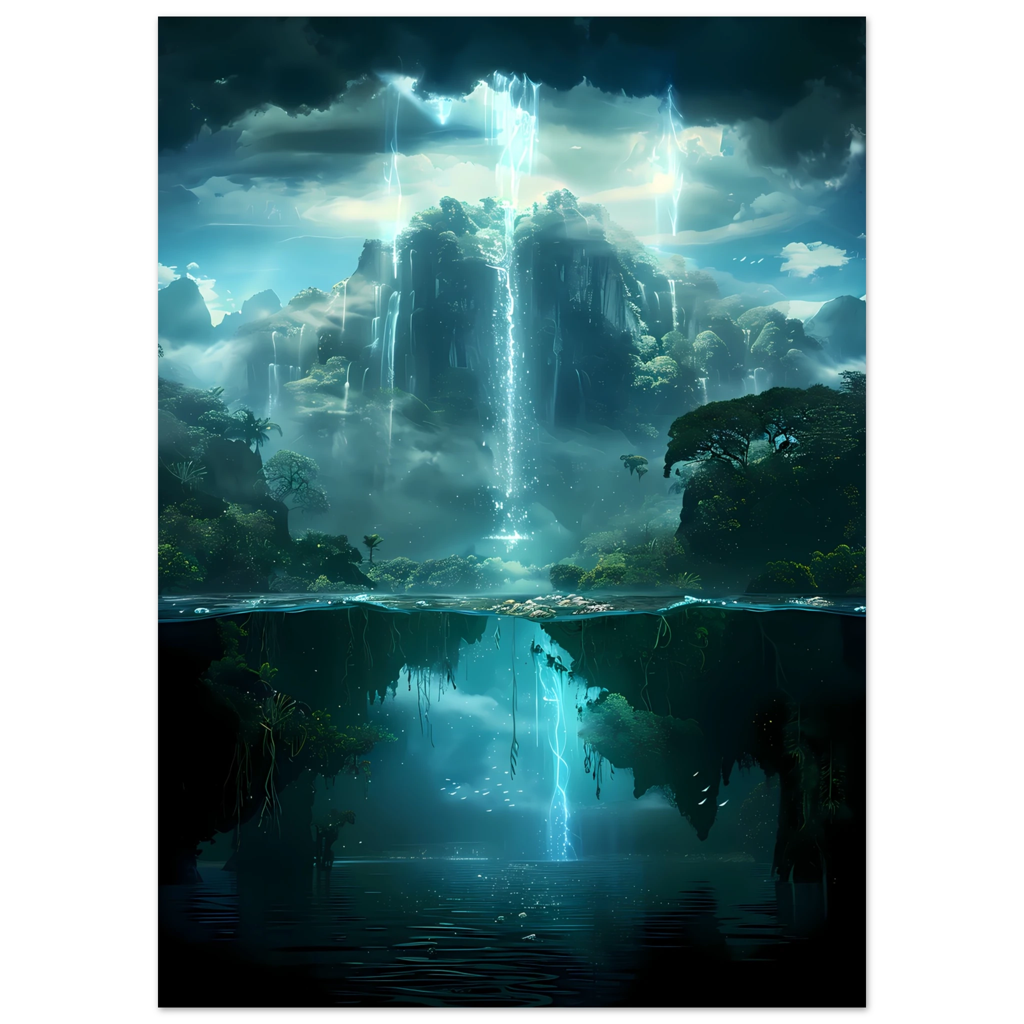 Coral reef resembling glowing forest — surreal underwater botanical art print.