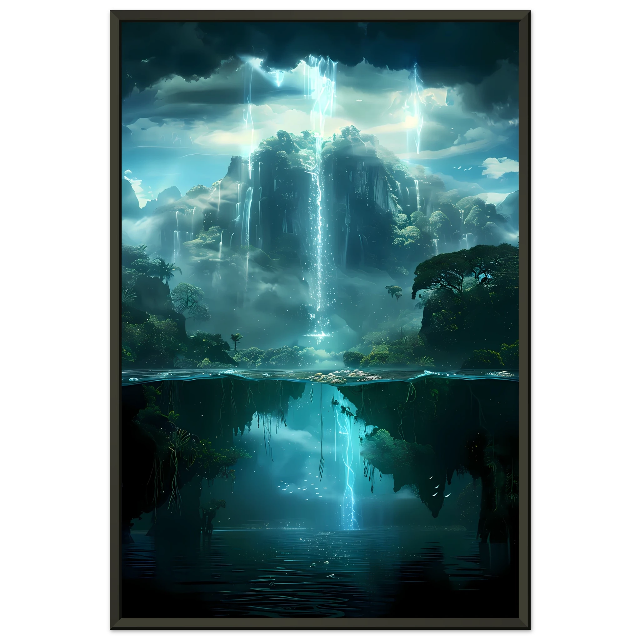 Coral reef resembling glowing forest — surreal underwater botanical art print.