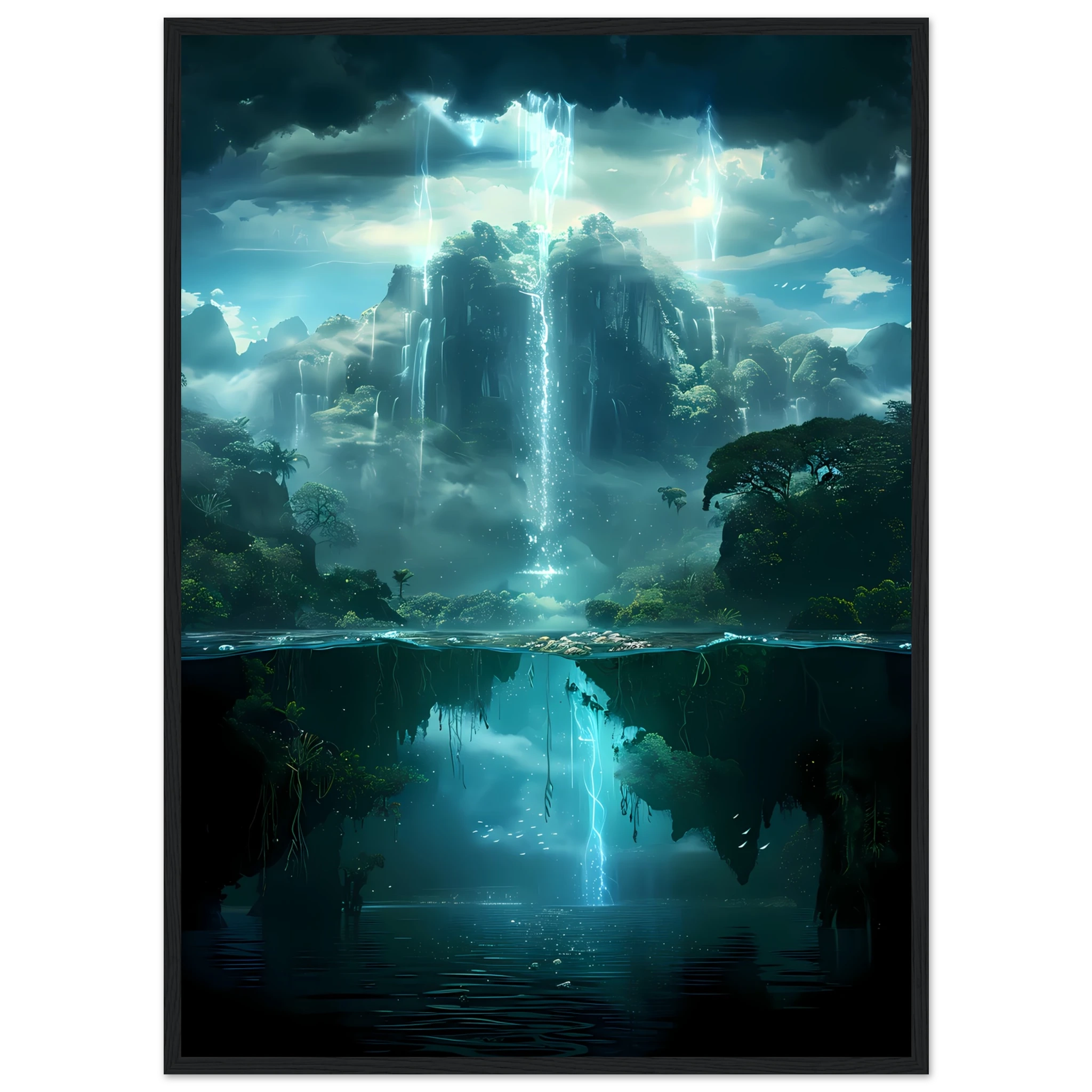 Coral reef resembling glowing forest — surreal underwater botanical art print.