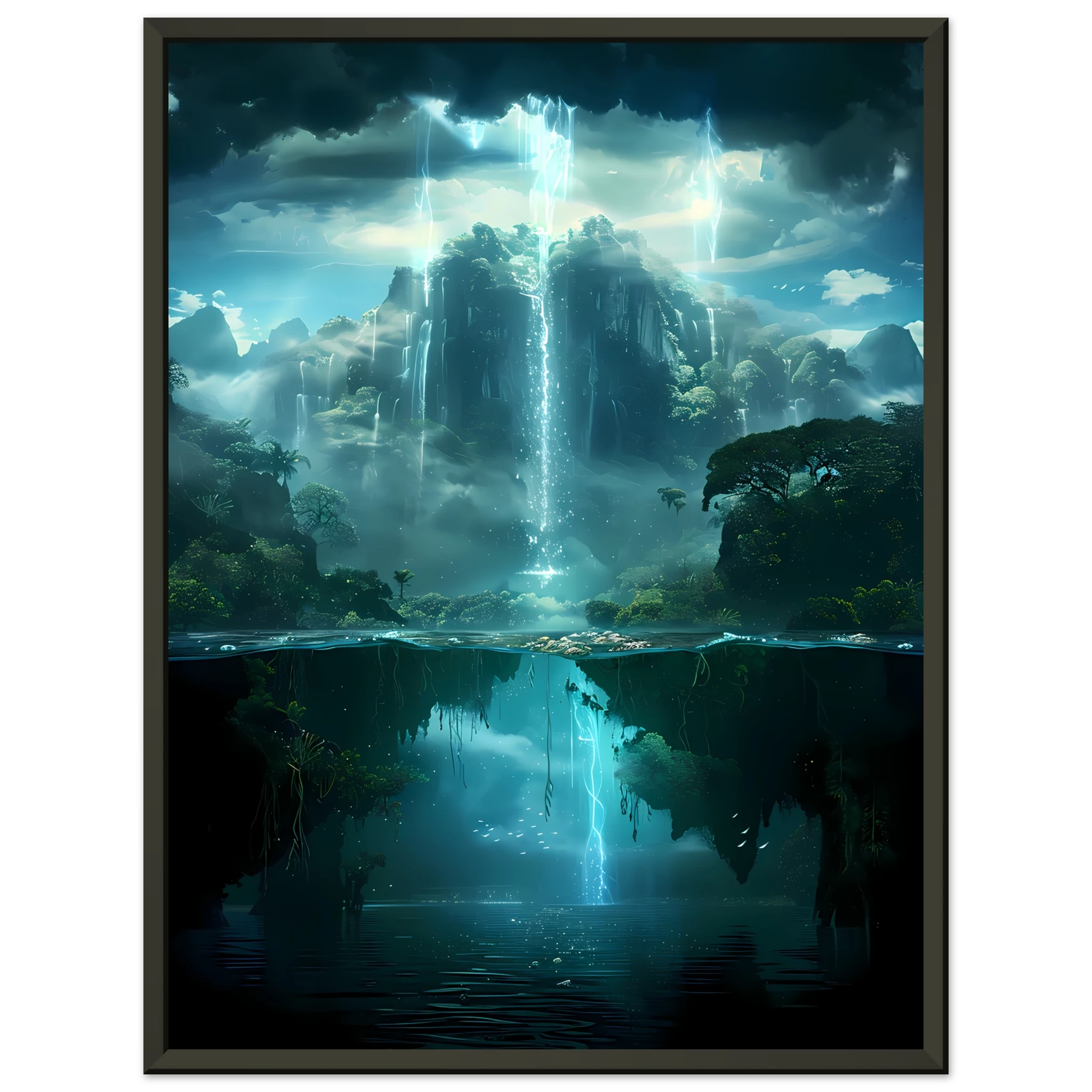 Coral reef resembling glowing forest — surreal underwater botanical art print.