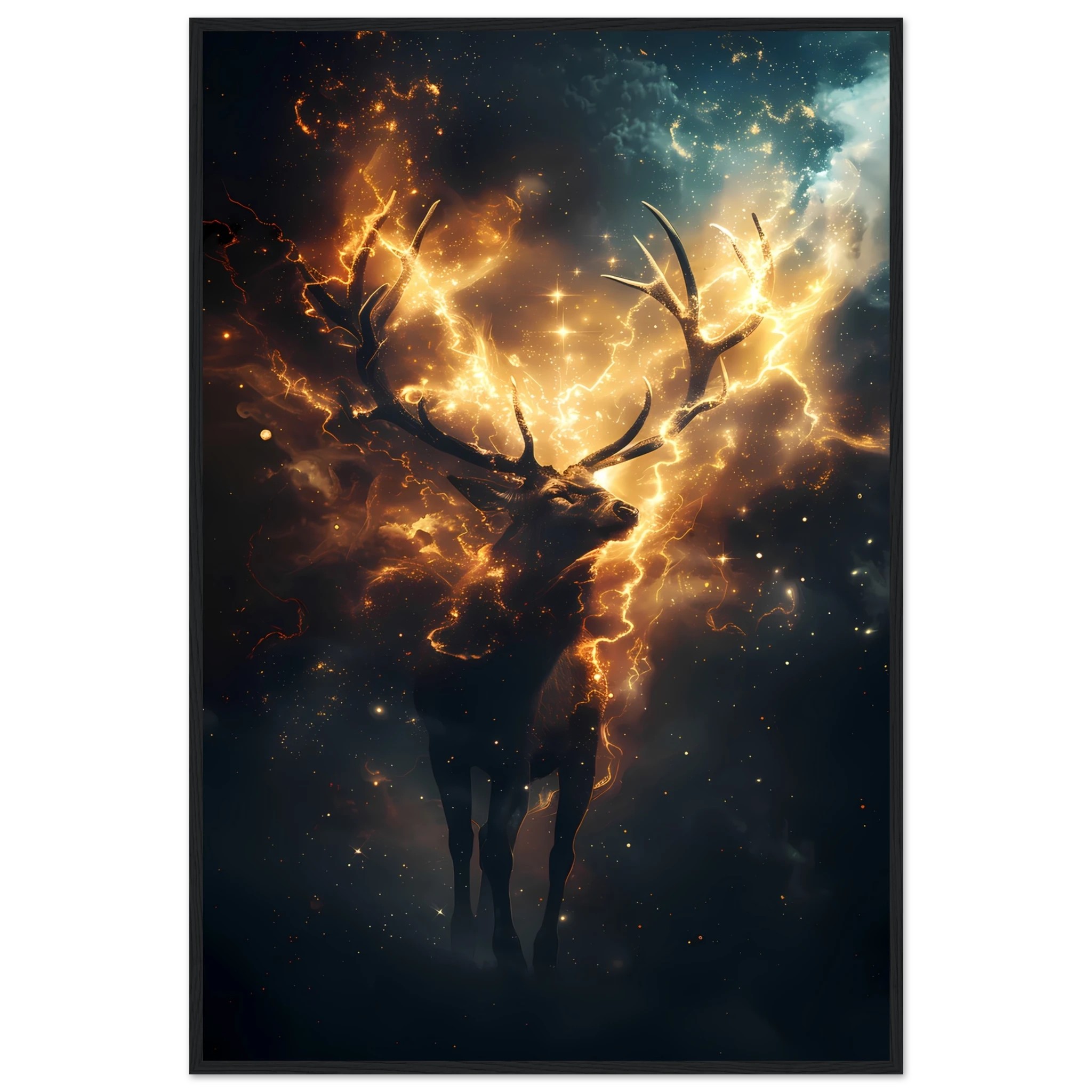 Cosmic deer portrait with constellation antlers and radiant starlight — premium fantasy wall print for modern homes.