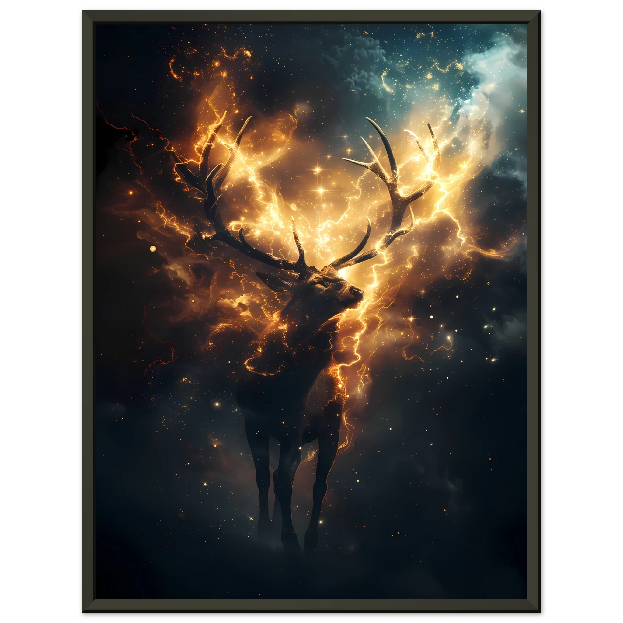 Cosmic deer portrait with constellation antlers and radiant starlight — premium fantasy wall print for modern homes.