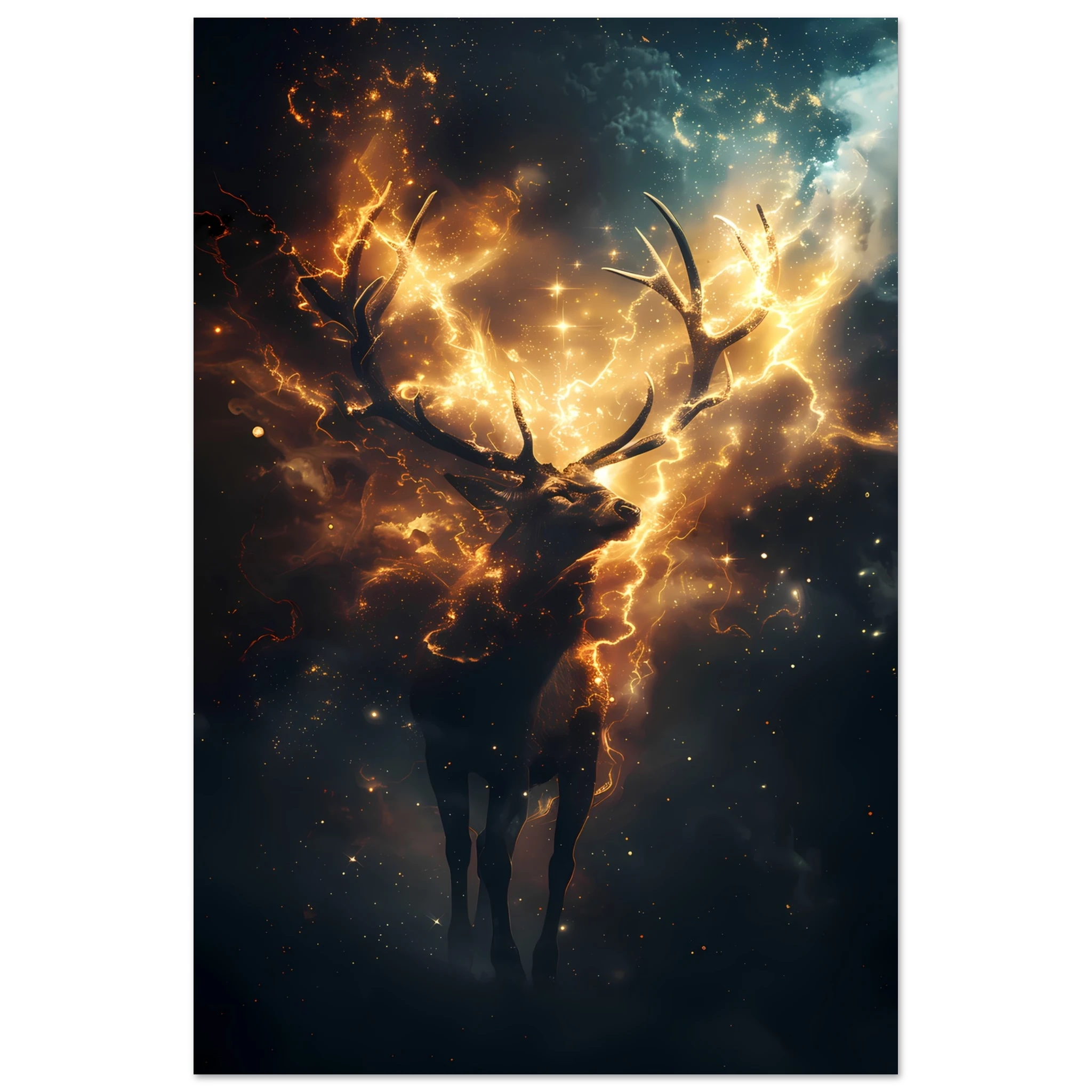 Cosmic deer portrait with constellation antlers and radiant starlight — premium fantasy wall print for modern homes.