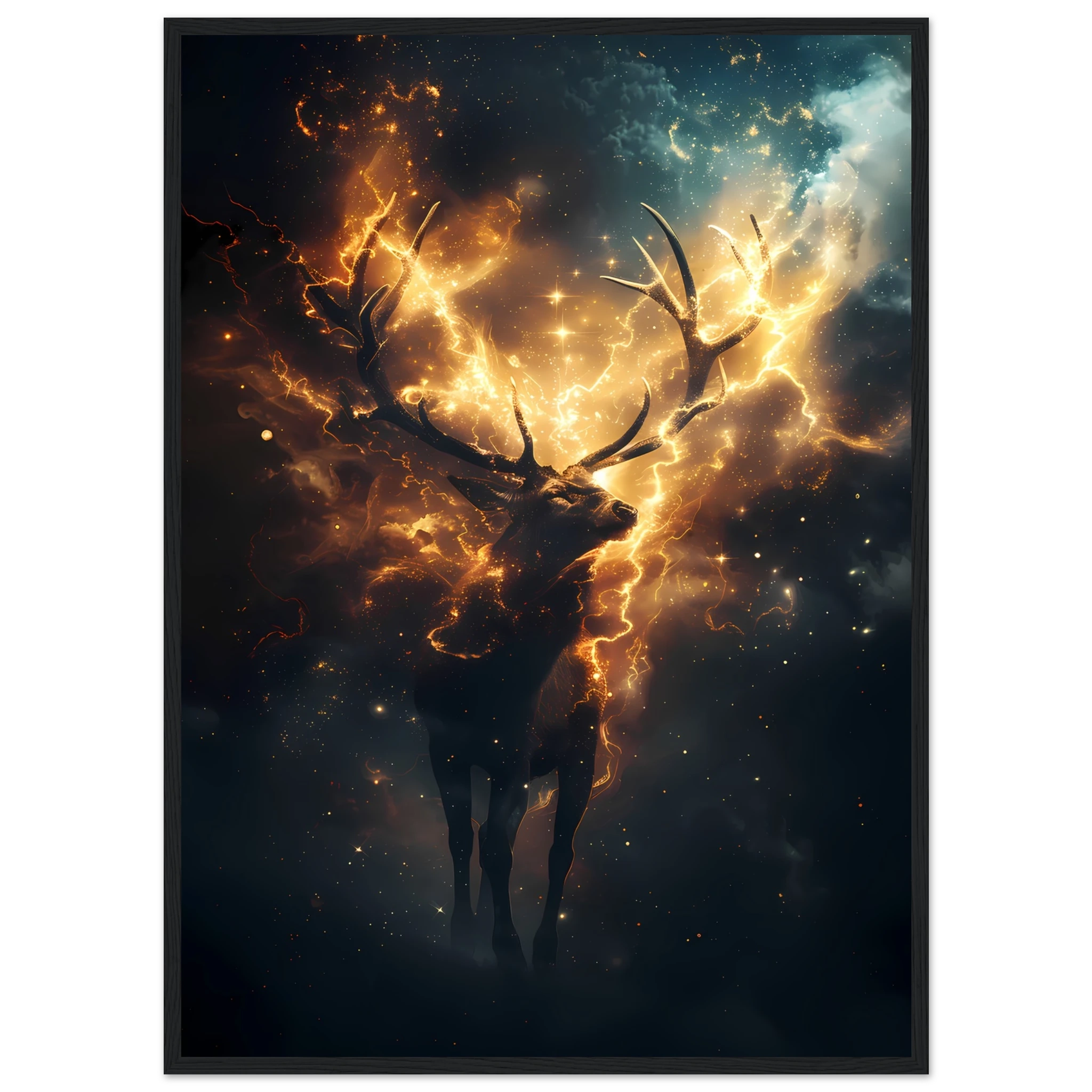 Cosmic deer portrait with constellation antlers and radiant starlight — premium fantasy wall print for modern homes.