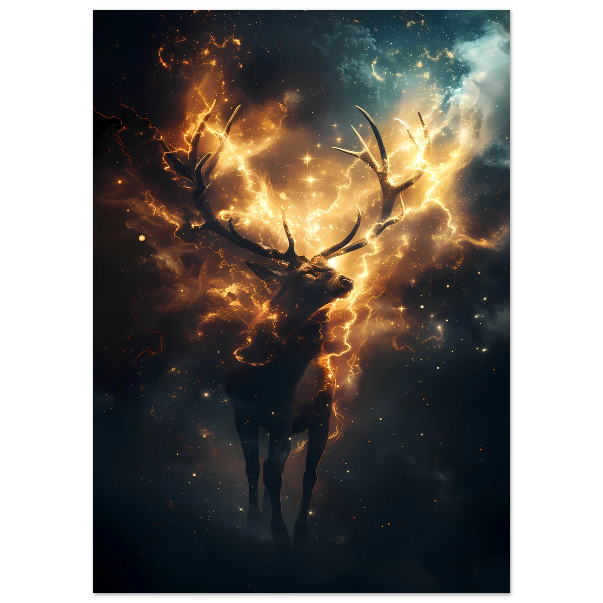 Cosmic deer portrait with constellation antlers and radiant starlight — premium fantasy wall print for modern homes.