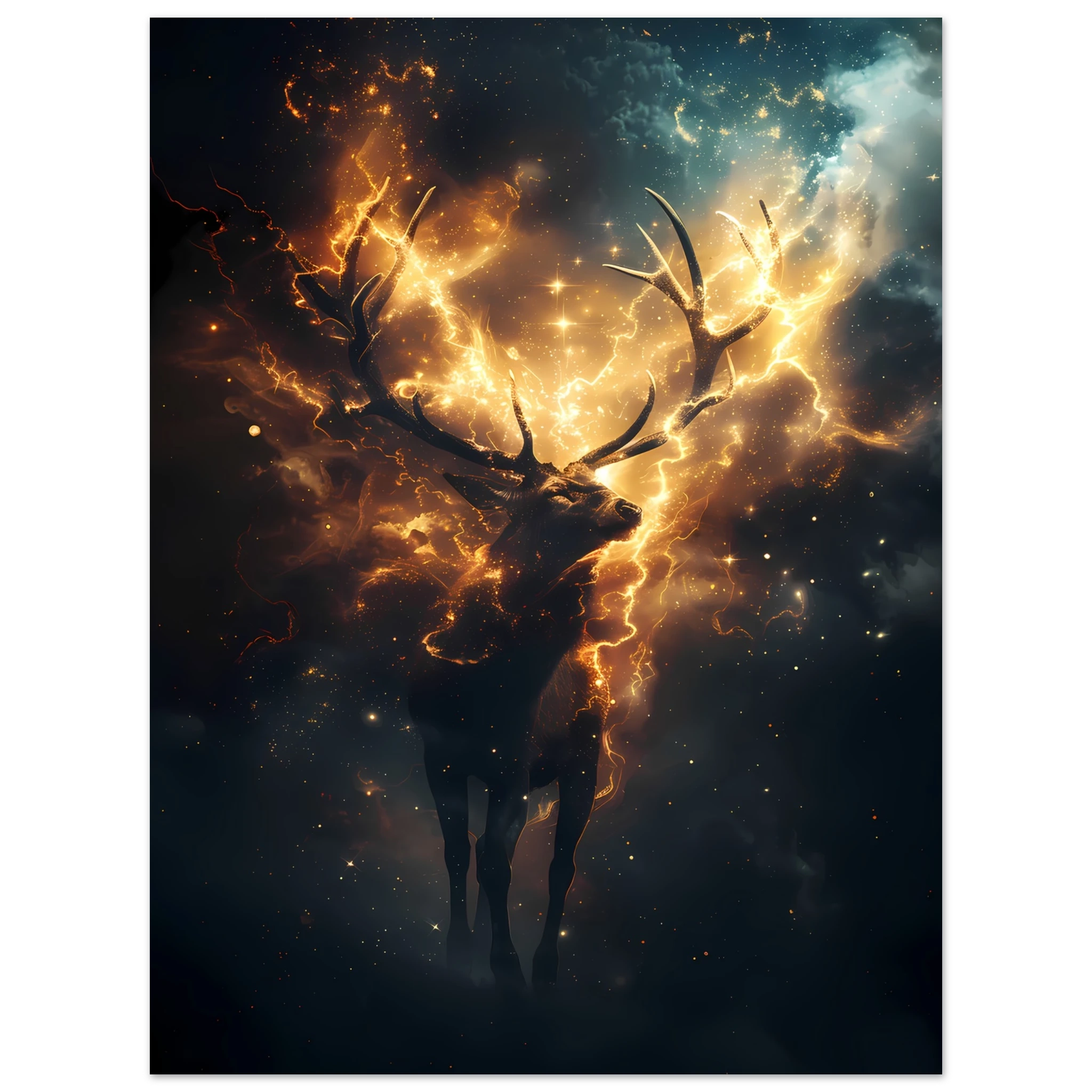 Cosmic deer portrait with constellation antlers and radiant starlight — premium fantasy wall print for modern homes.
