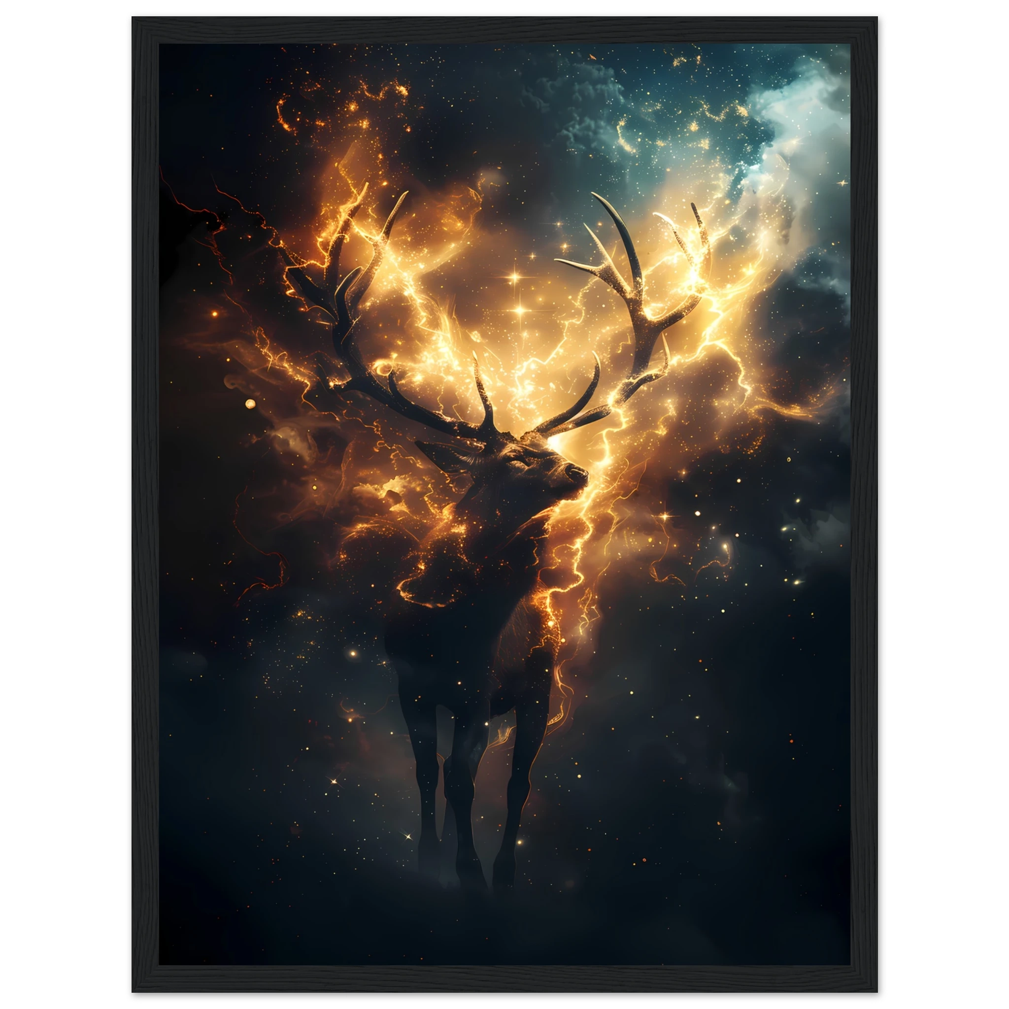 Cosmic deer portrait with constellation antlers and radiant starlight — premium fantasy wall print for modern homes.