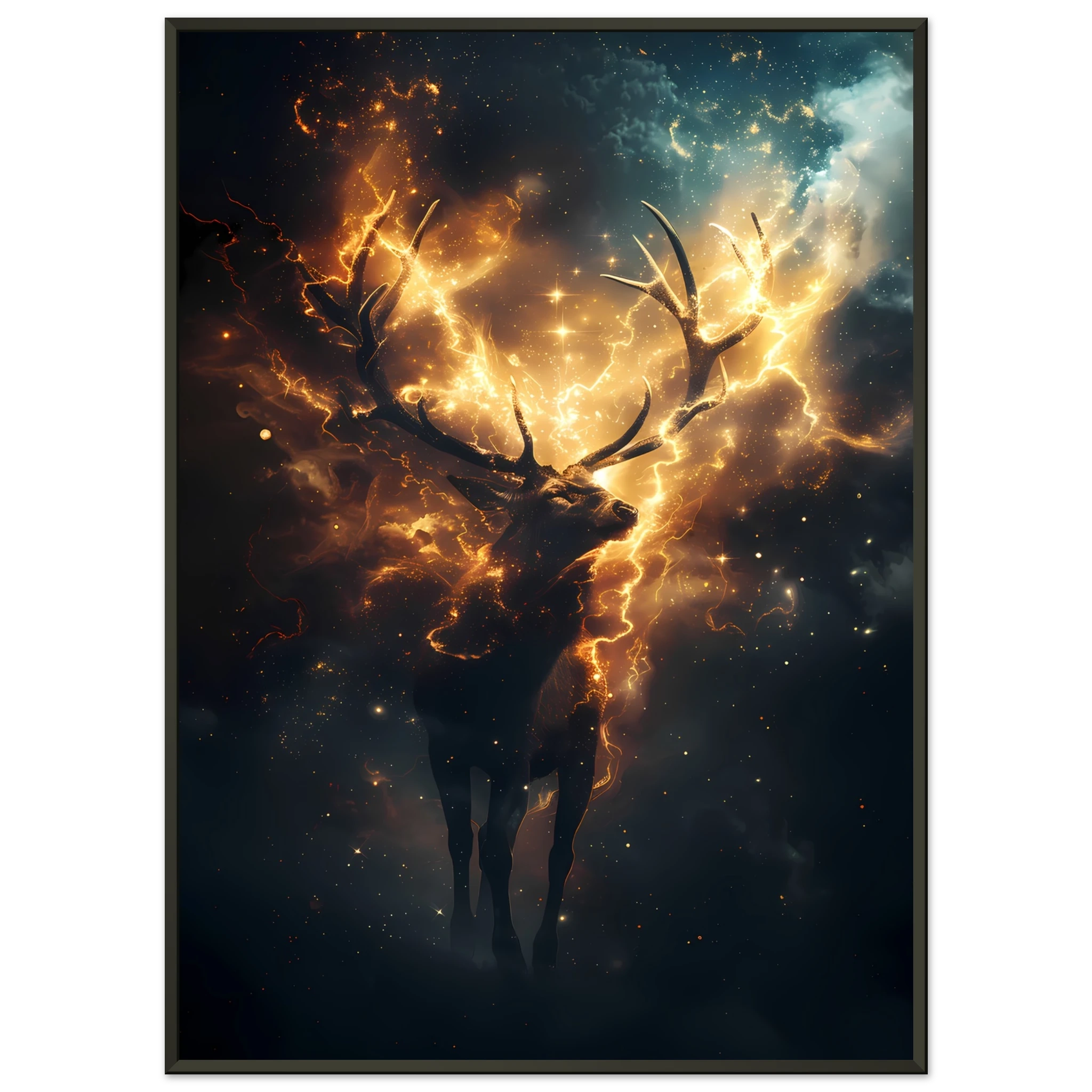 Cosmic deer portrait with constellation antlers and radiant starlight — premium fantasy wall print for modern homes.