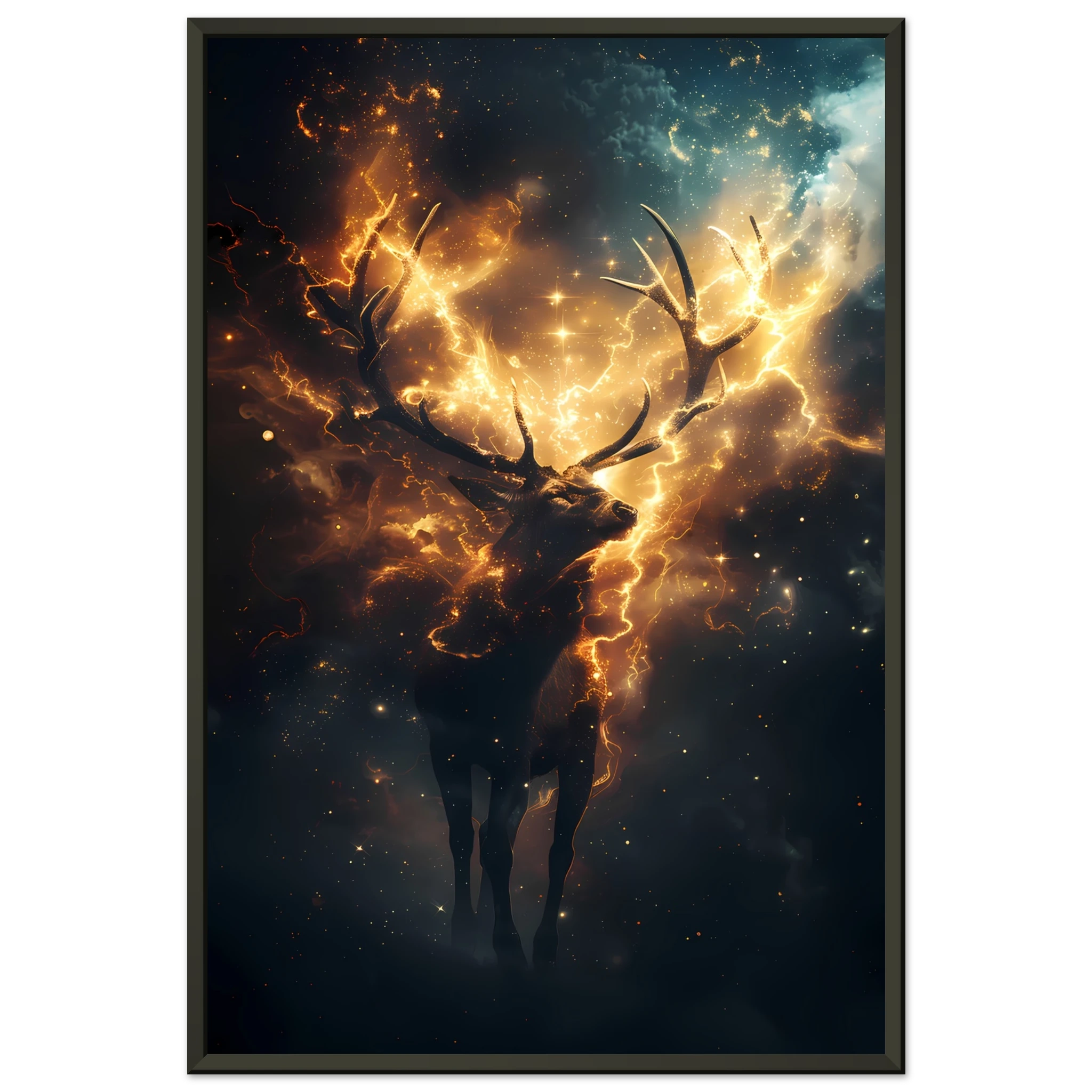 Cosmic deer portrait with constellation antlers and radiant starlight — premium fantasy wall print for modern homes.