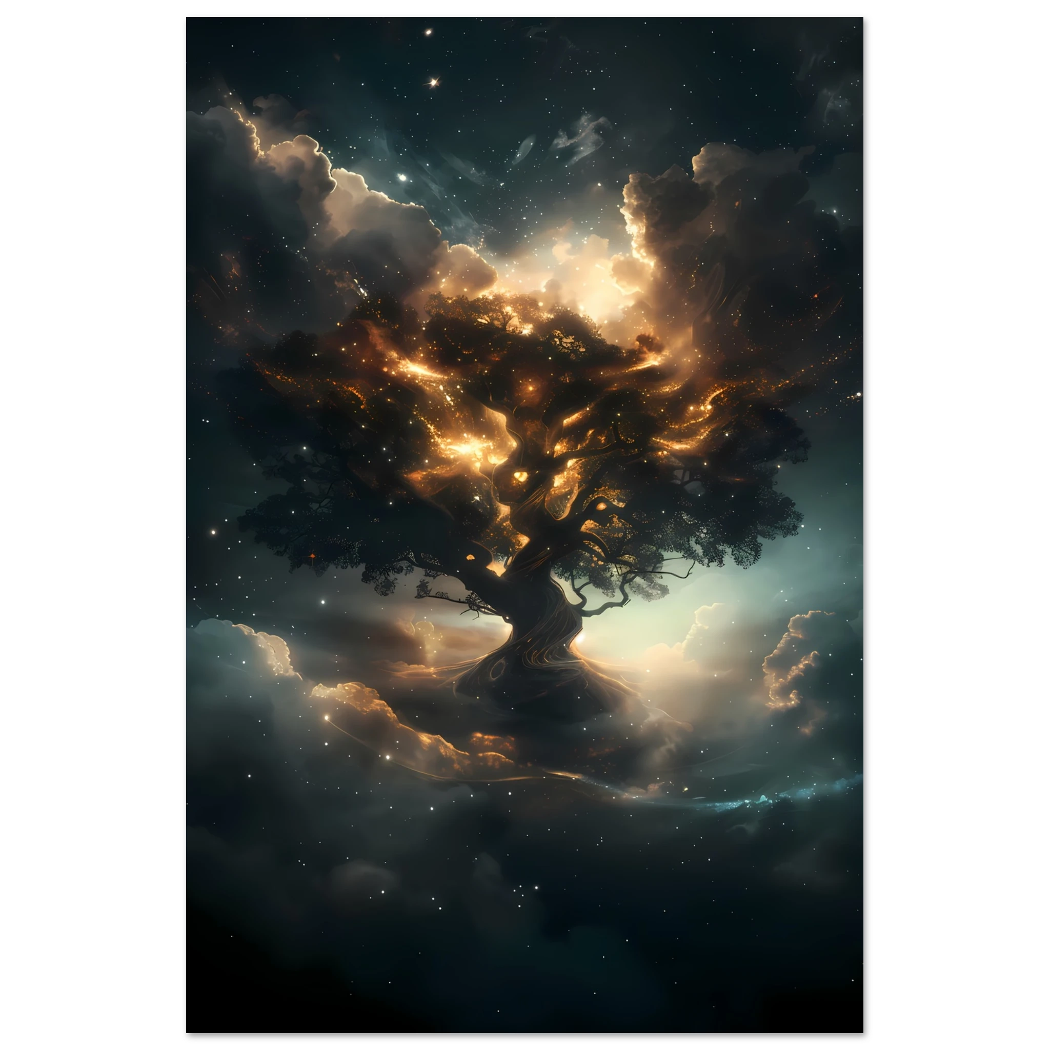 Radiant cosmic tree with starlight roots and nebula-woven branches — mystical wall art.