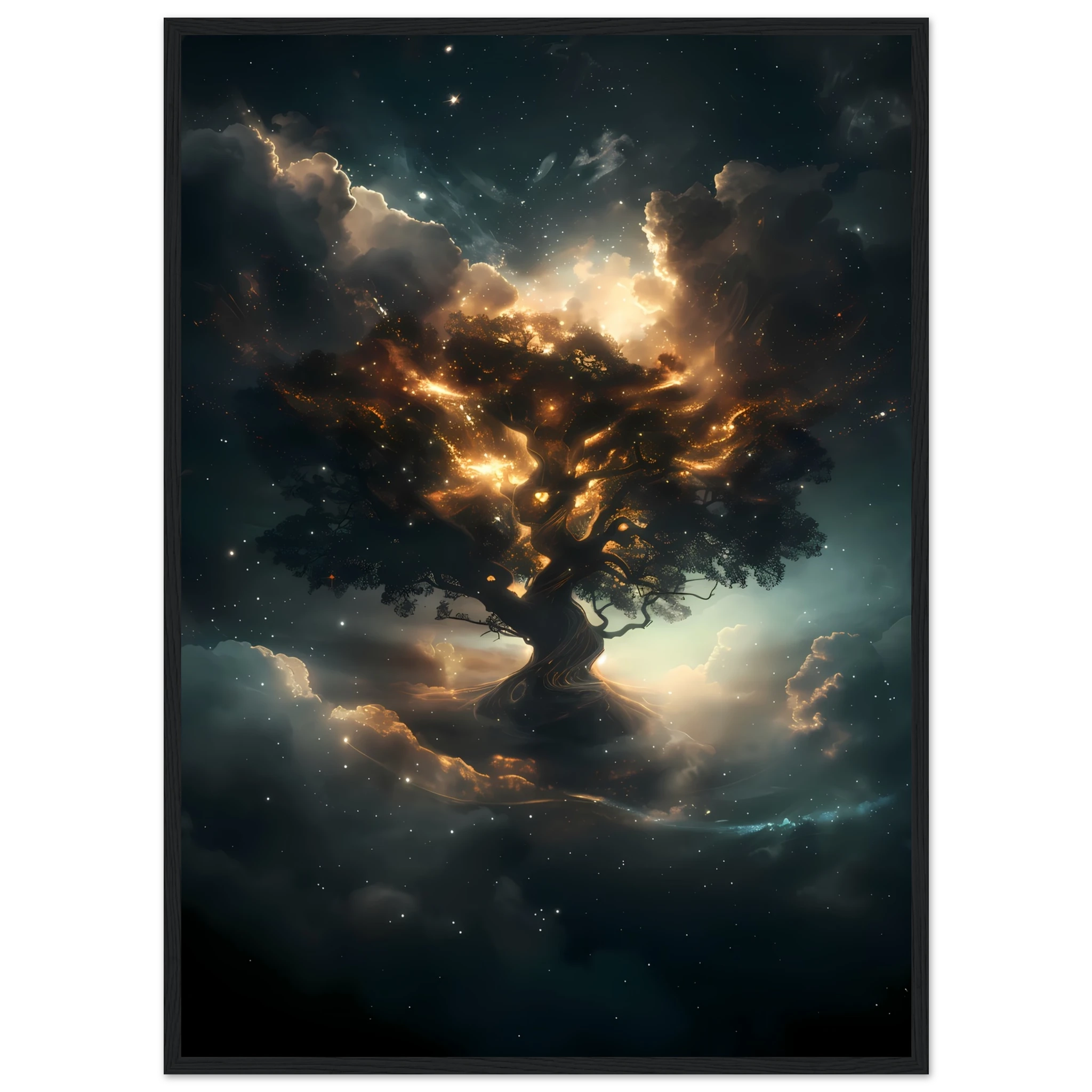 Radiant cosmic tree with starlight roots and nebula-woven branches — mystical wall art.