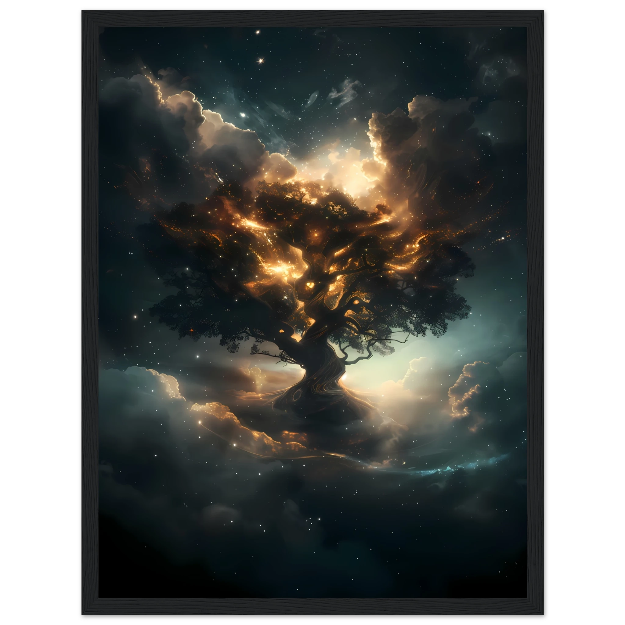 Radiant cosmic tree with starlight roots and nebula-woven branches — mystical wall art.
