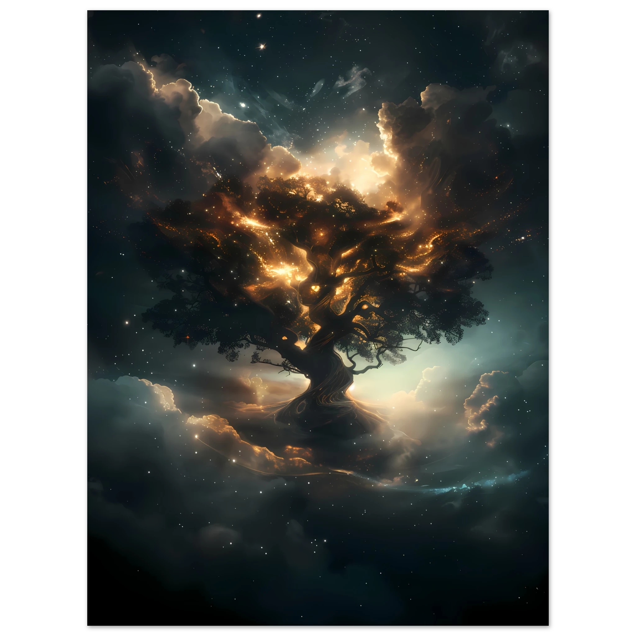 Radiant cosmic tree with starlight roots and nebula-woven branches — mystical wall art.