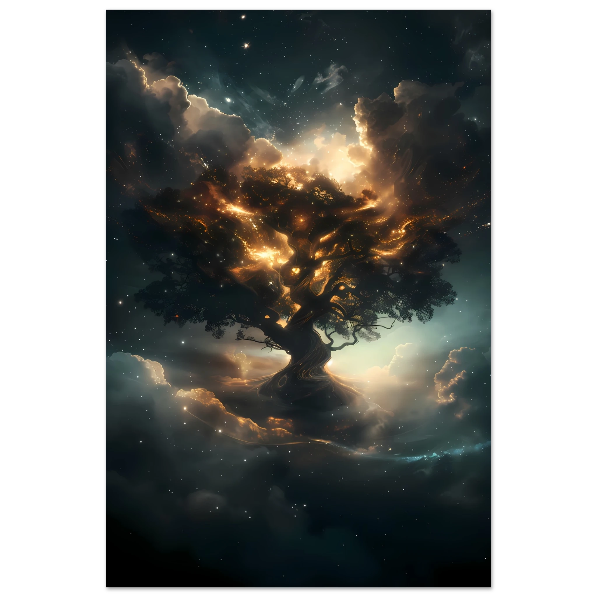 Radiant cosmic tree with starlight roots and nebula-woven branches — mystical wall art.
