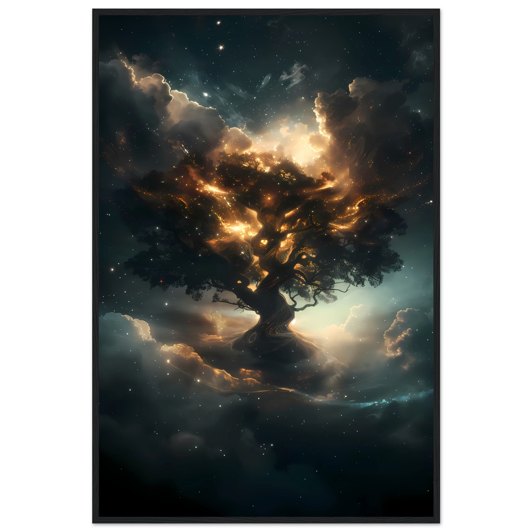 Radiant cosmic tree with starlight roots and nebula-woven branches — mystical wall art.