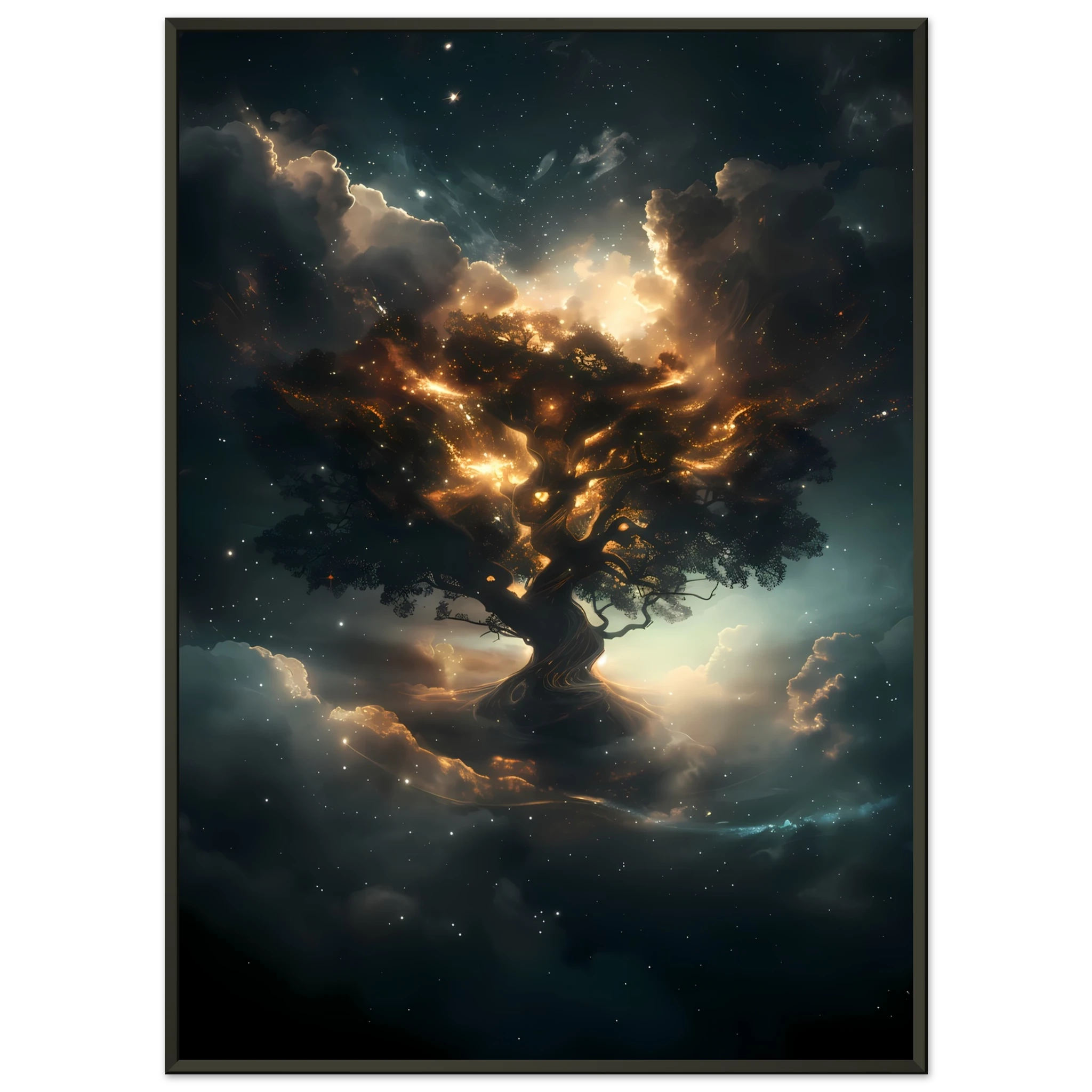 Radiant cosmic tree with starlight roots and nebula-woven branches — mystical wall art.