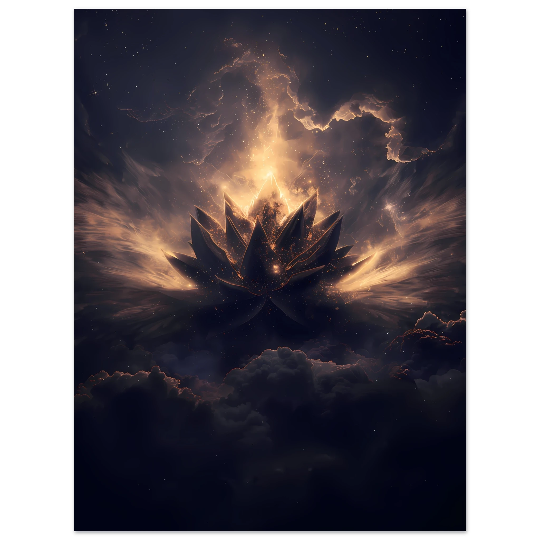 Cosmic lotus nebula in violet and gold with radiant light rays on a starfield — premium modern wall art for serene interiors.