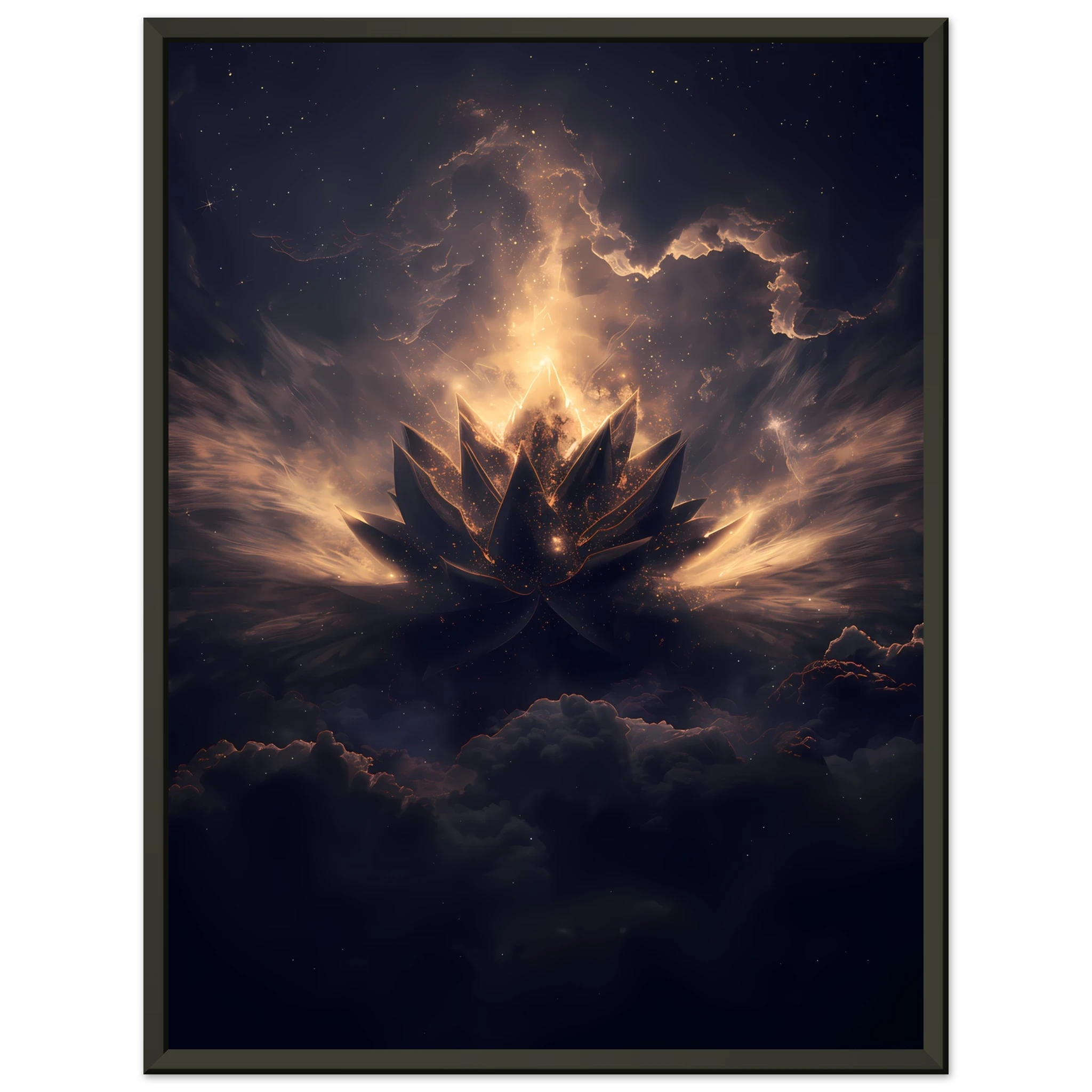 Cosmic lotus nebula in violet and gold with radiant light rays on a starfield — premium modern wall art for serene interiors.