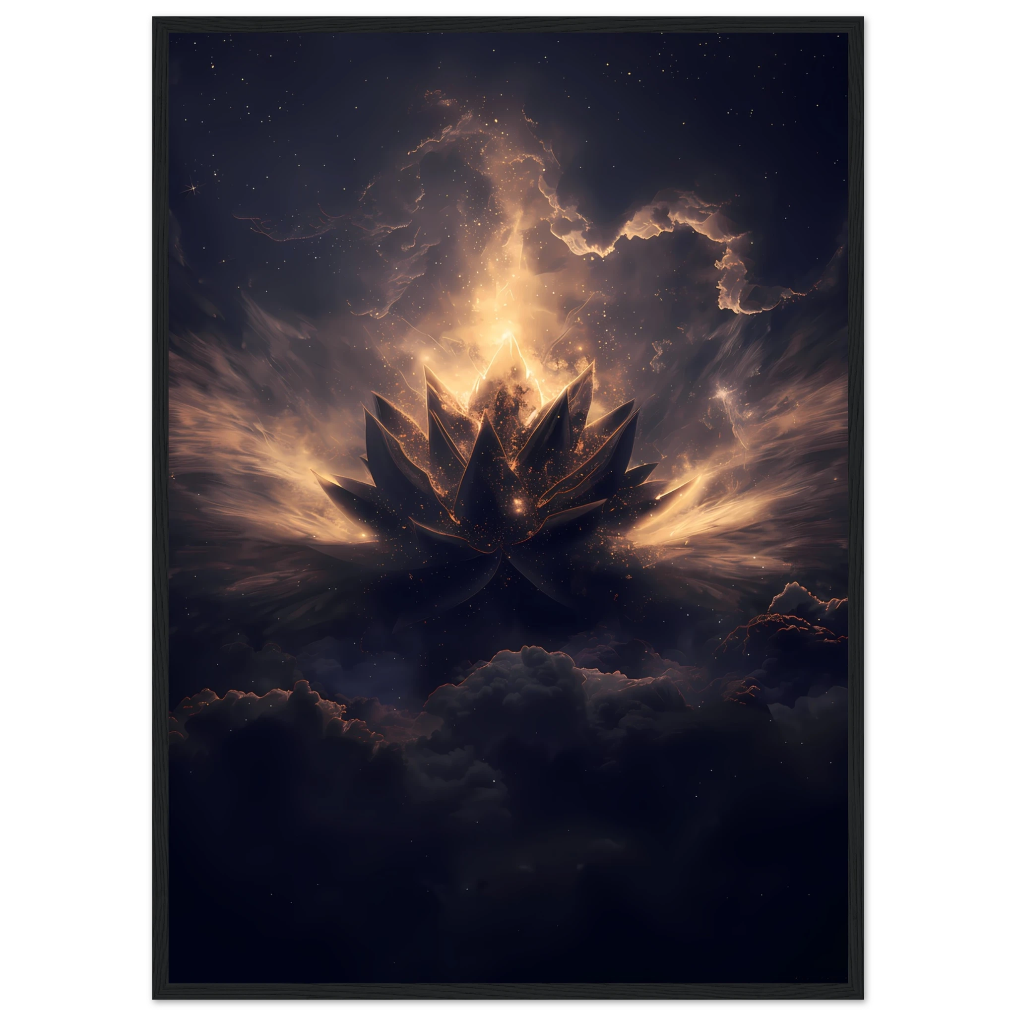 Cosmic lotus nebula in violet and gold with radiant light rays on a starfield — premium modern wall art for serene interiors.