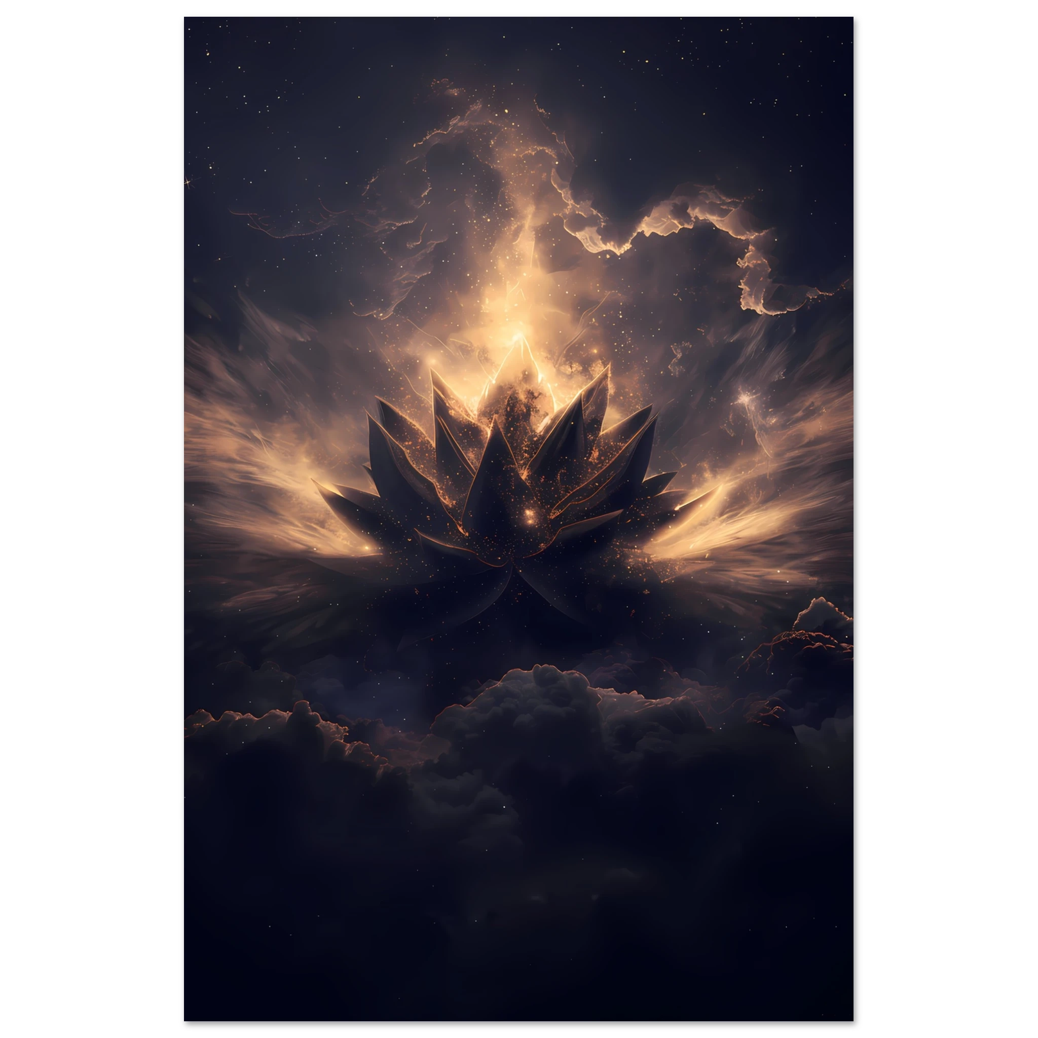 Cosmic lotus nebula in violet and gold with radiant light rays on a starfield — premium modern wall art for serene interiors.